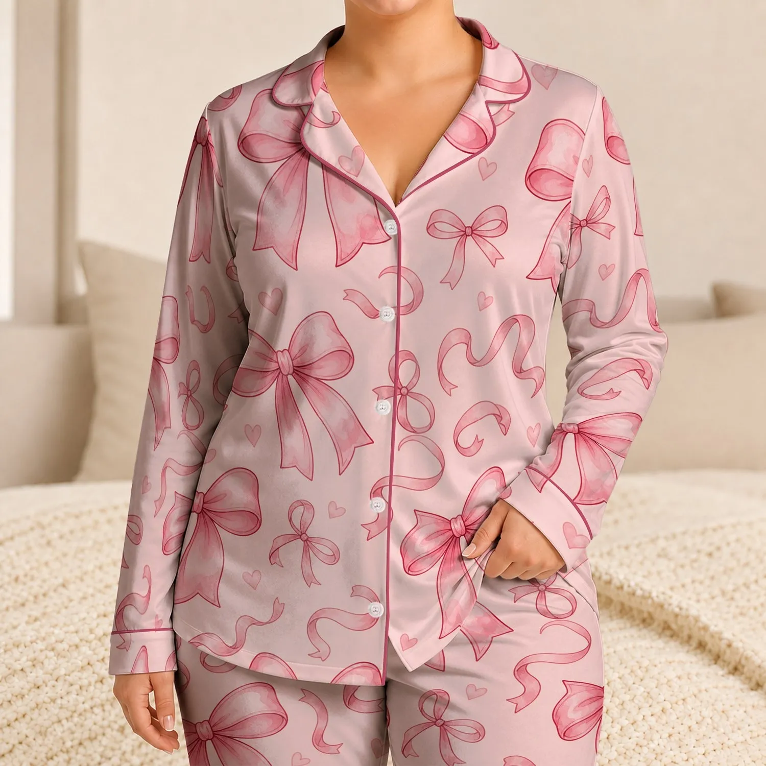 Blush Bow Ribbon Nightwear for Cozy Nights and Romantic Lounging for Women at Home Satin Pajamas Set - 1