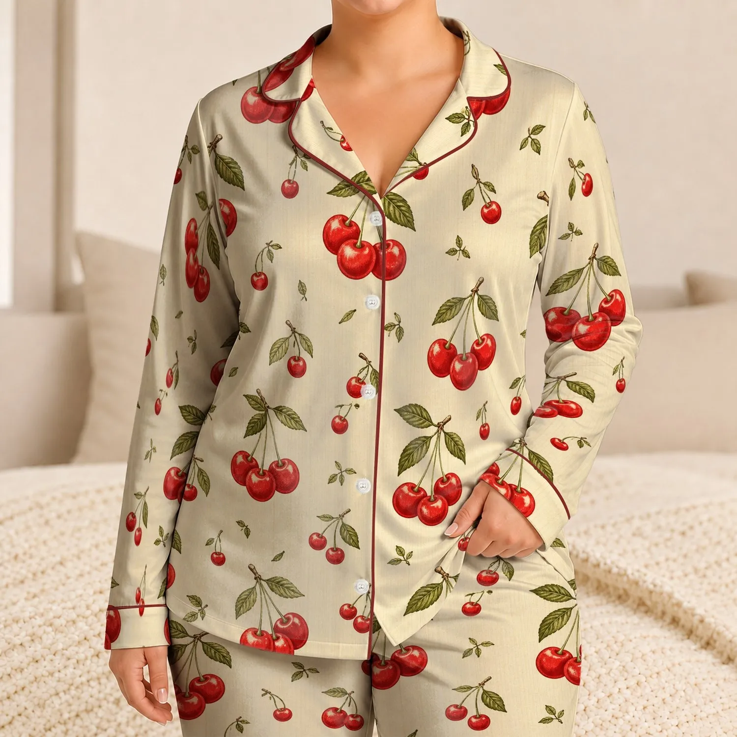 Cream Cherry At Home For Spring Evenings, Soft Retro Cozy Gift For Her All Day Style Satin Pajamas Set - 1