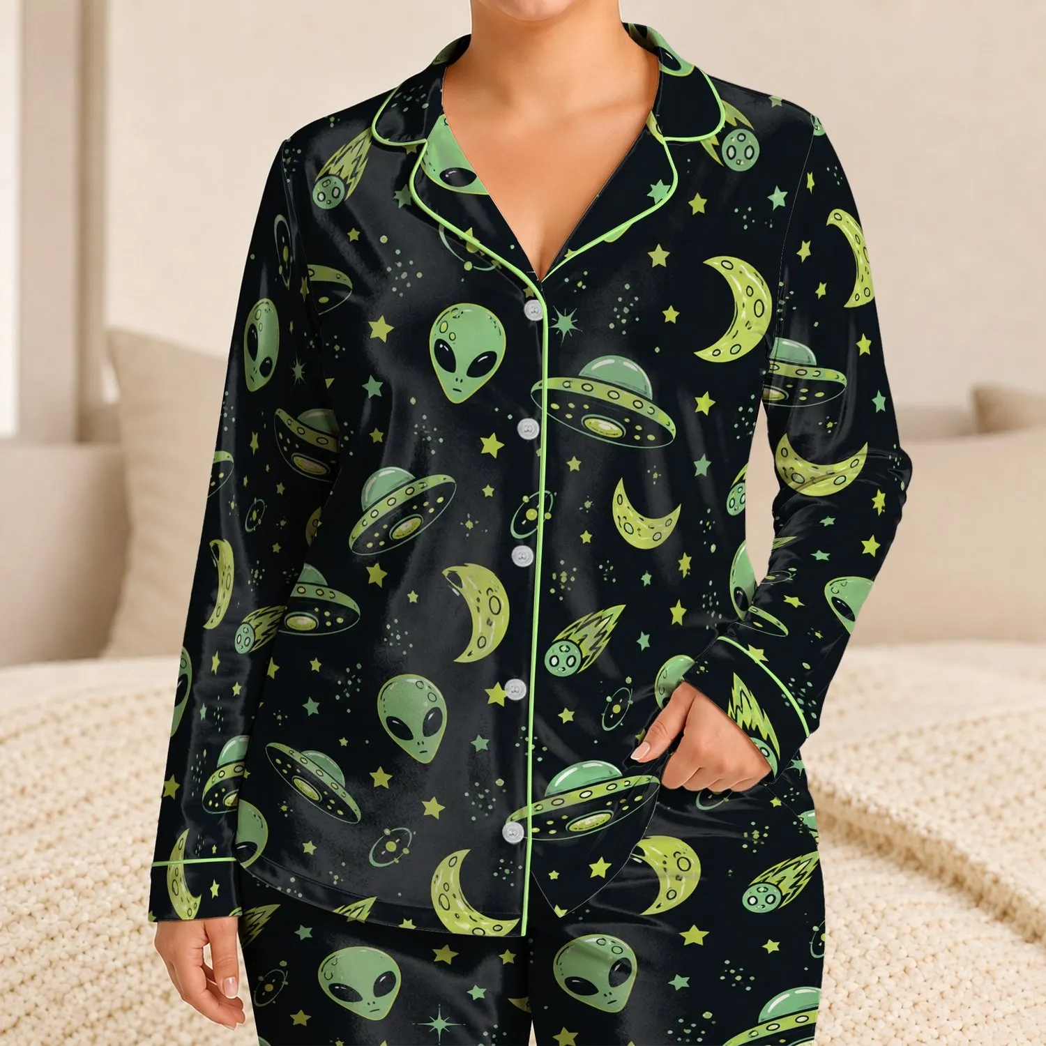 Retro Alien Moon Lounge For Cozy Nights And Lazy Weekends At Home For Space Lovers Satin Pajamas Set - 1