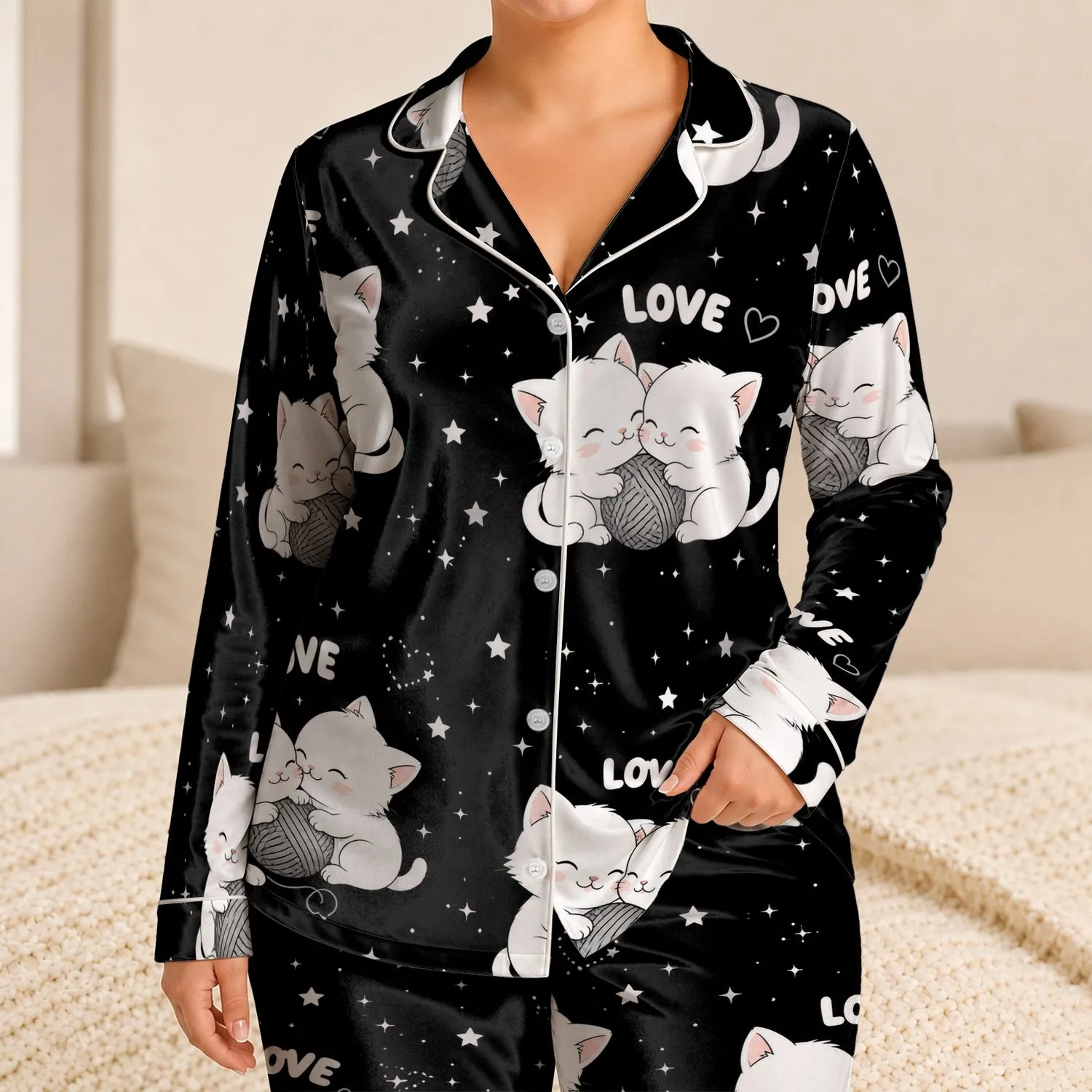 Midnight Black Twin Kittens With Love For Cozy Bedtime And Cat Lover Gifts Nights Satin Pajamas Set - 1