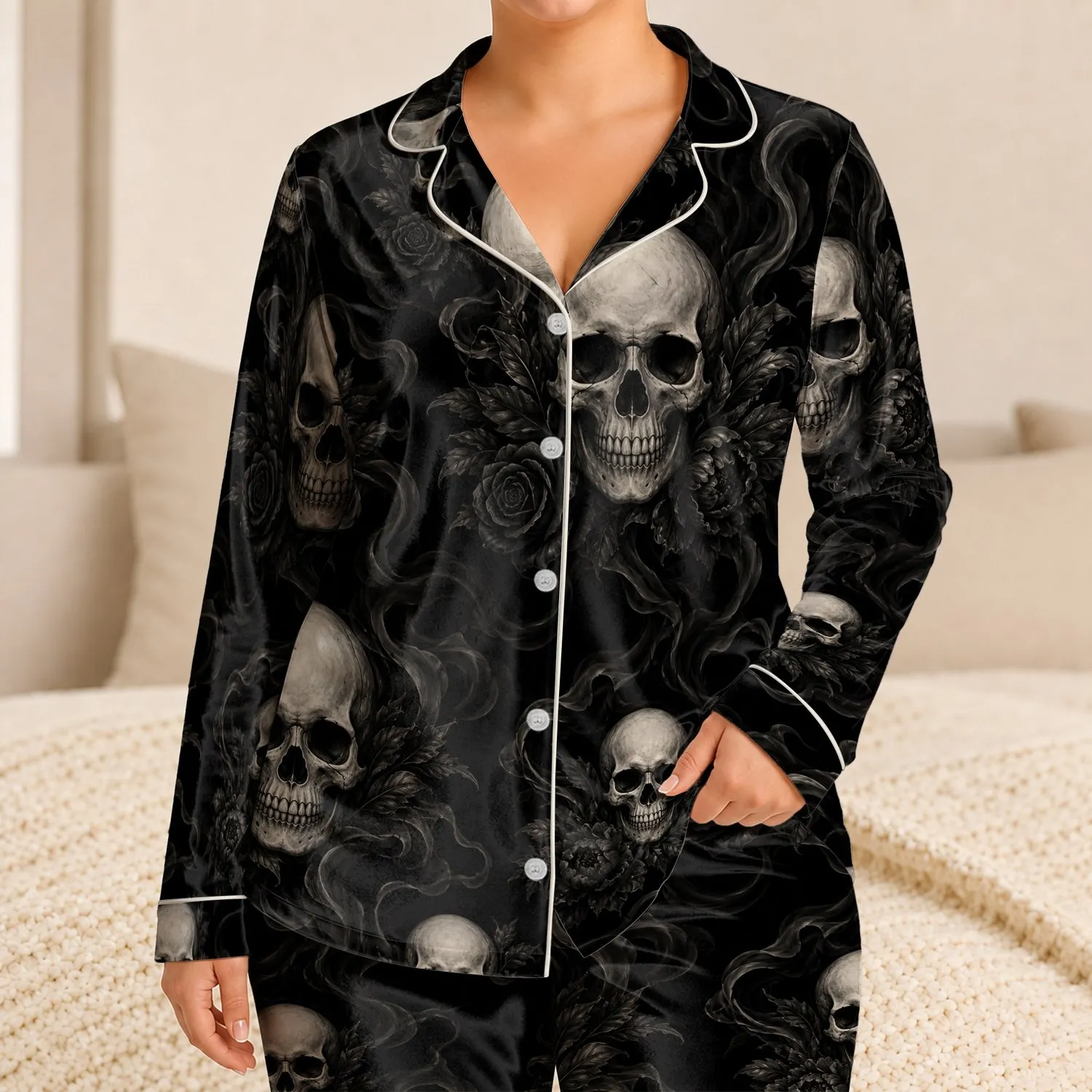 Monochrome Skull Loungewear For Cozy Nights And Casual Home Comfort For Everyday Men Satin Pajamas Set - 1