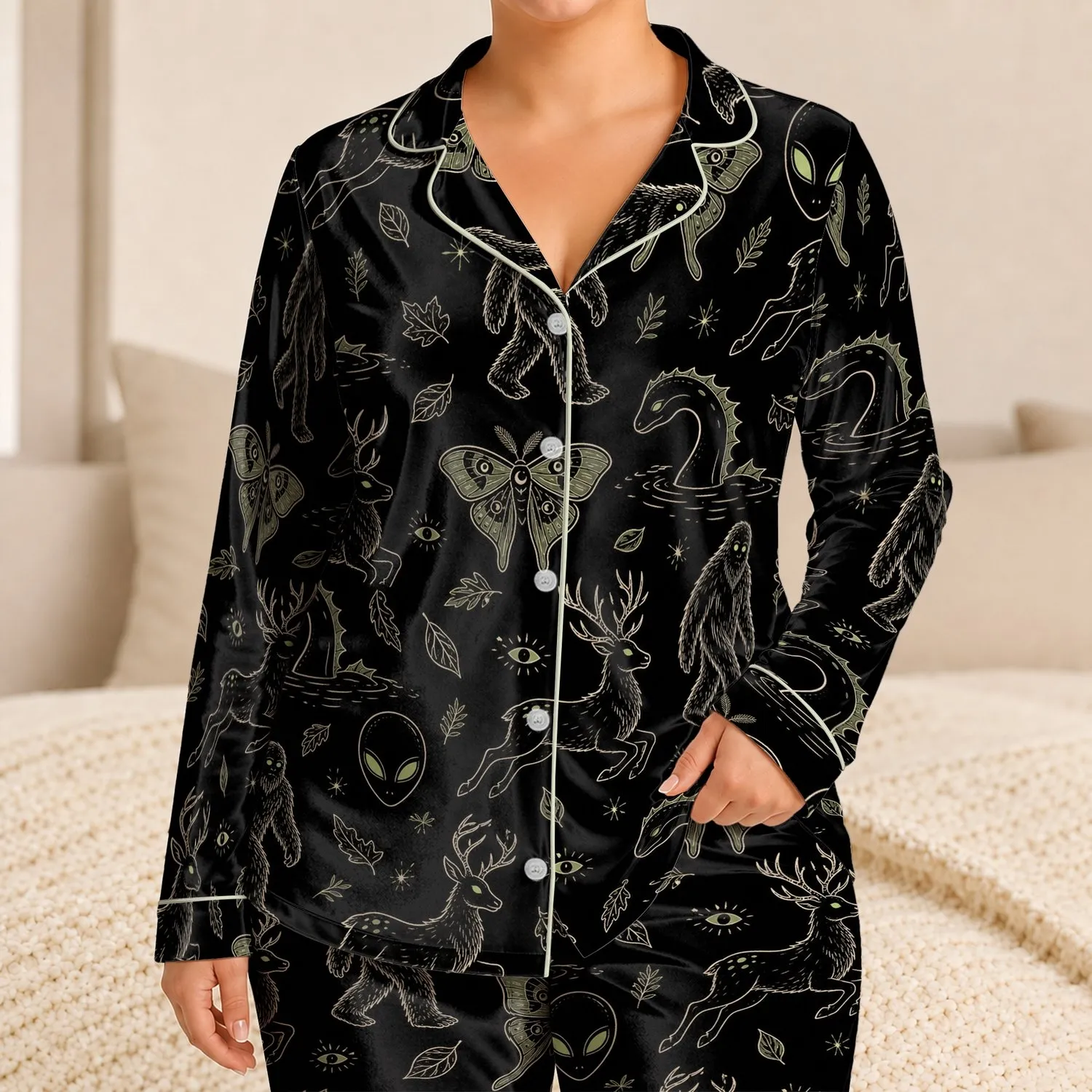 Cryptid Safari Midnight Lounge Style For Cozy At Home Nights Gift For Men And Women Satin Pajamas Set - 1