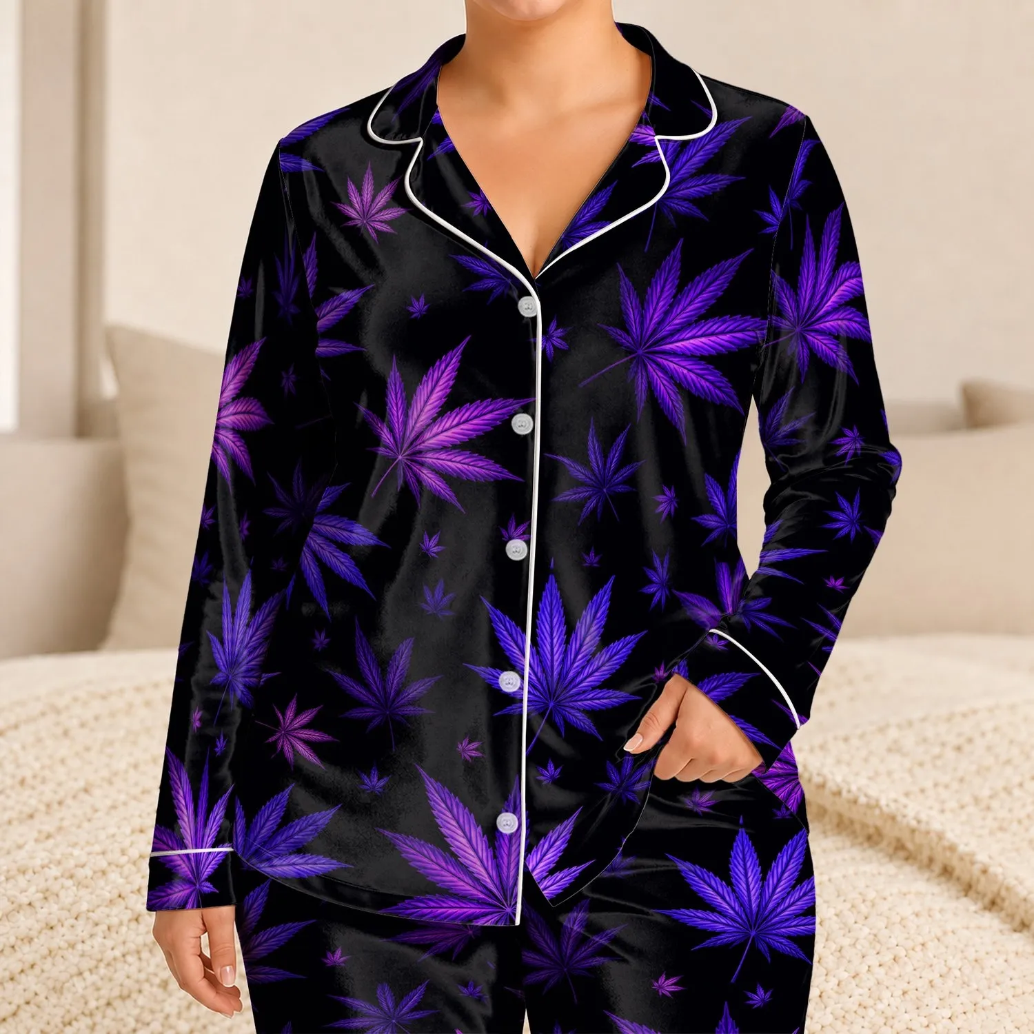 Violet Cannabis Leaves On Inky Black For Relaxed Nighttime Style For Him Gift Idea Satin Pajamas Set - 1