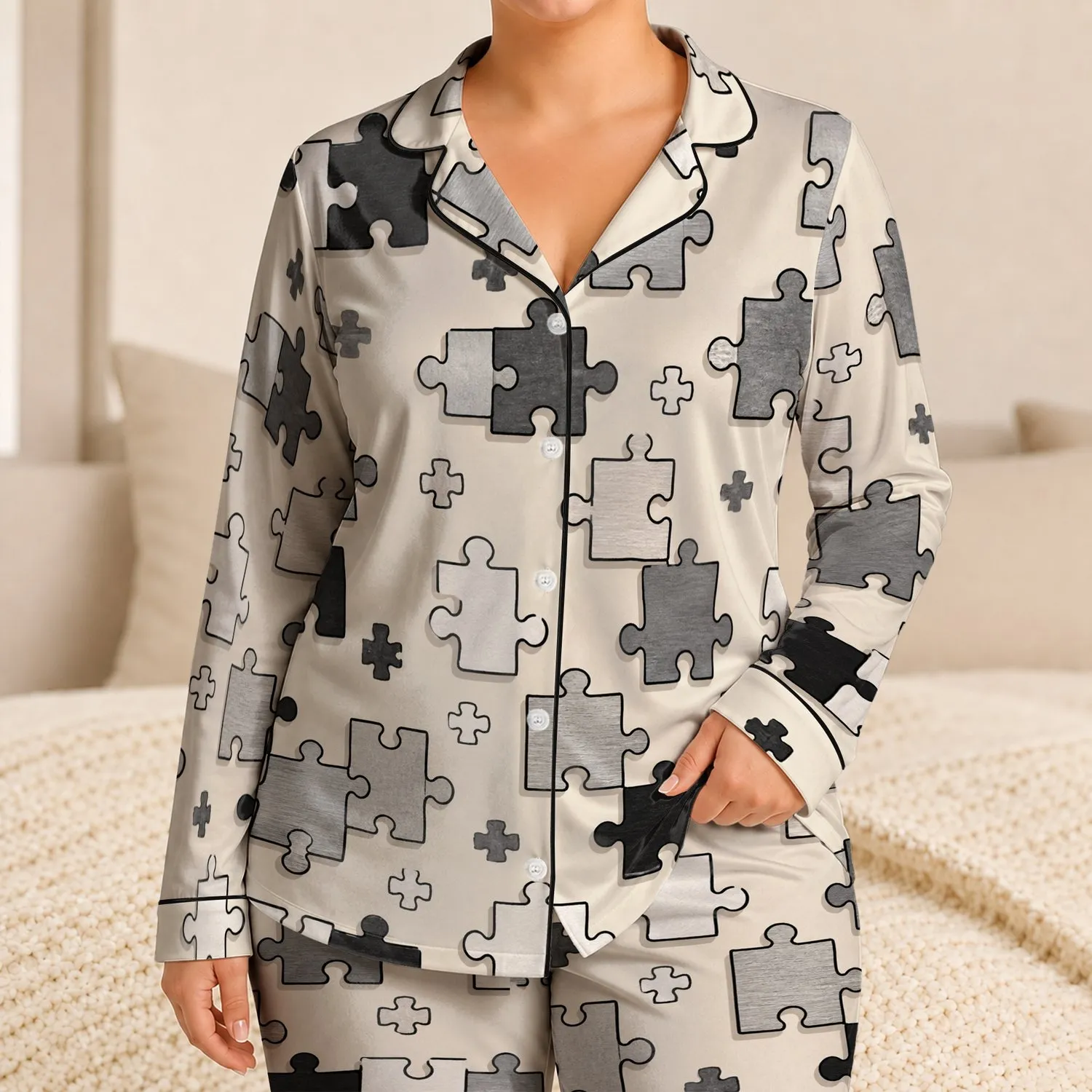 Black and White Puzzle Motif Cozy Evening Wear for Men With Bold Contrast At Home Satin Pajamas Set - 1