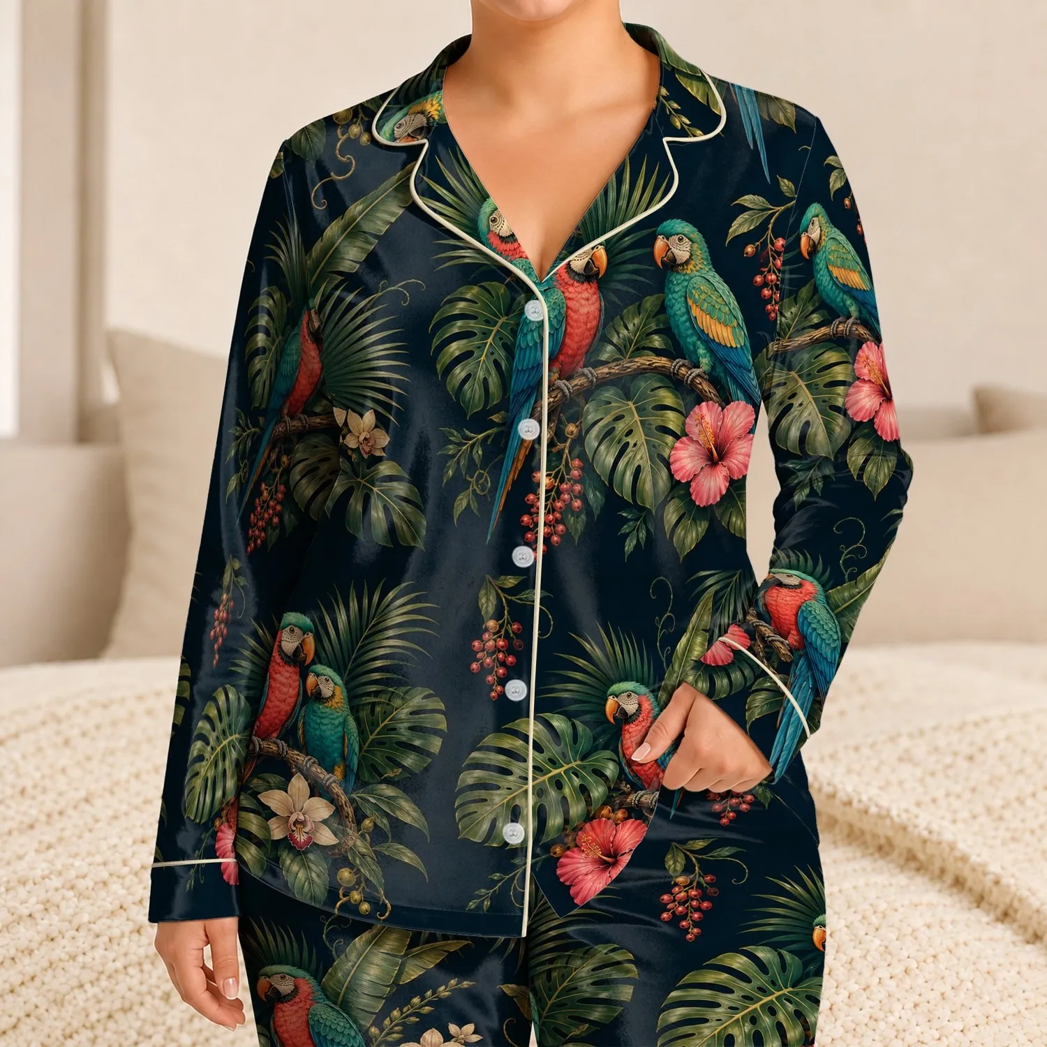 Midnight Tropical Parrots Botanical Lounge Gift For Her And Nature Lovers Vibes Satin Pajamas Set - 1