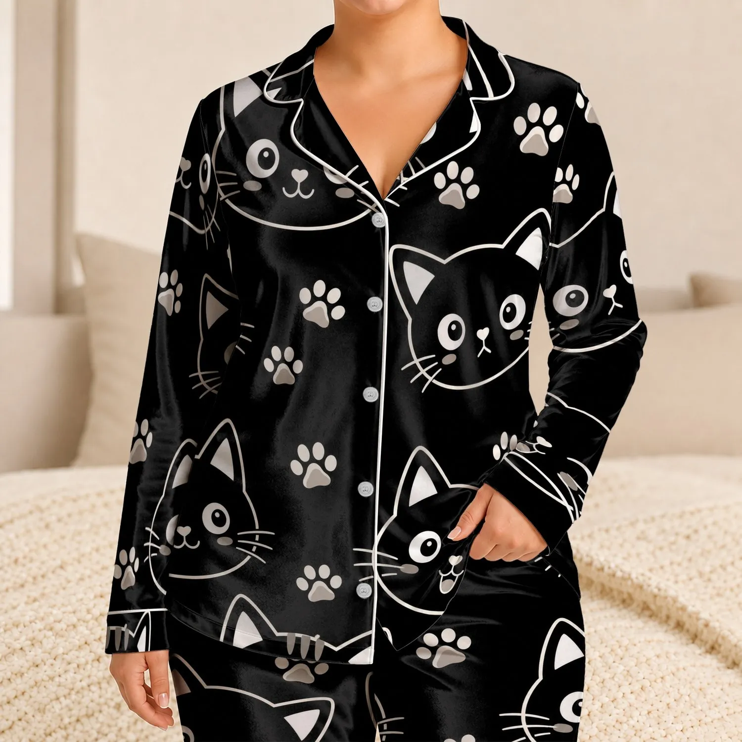 Cute Kitten Face Motif For Cozy Home Days And Gift Giving For Girls And Teens Style Satin Pajamas Set - 1