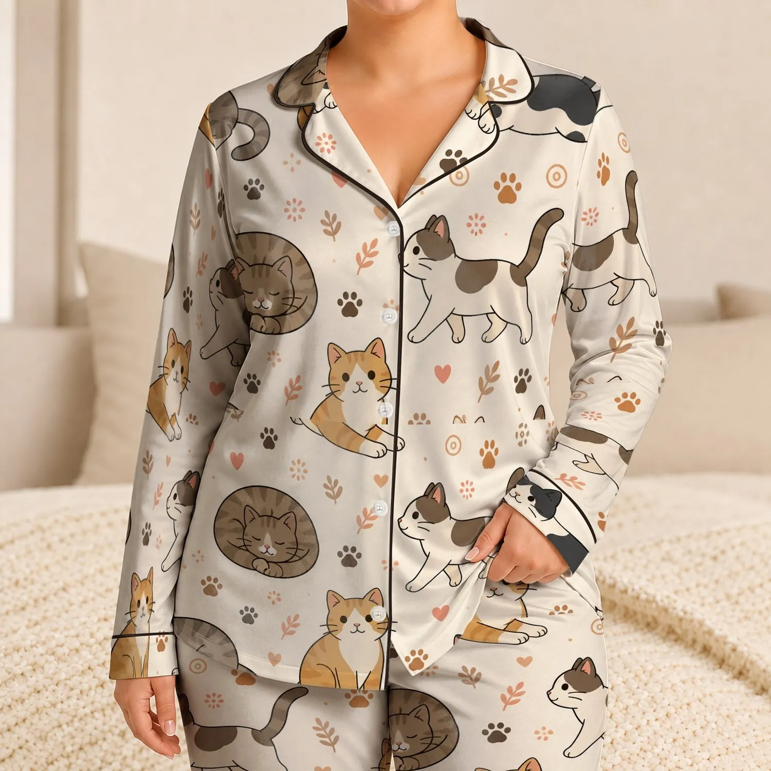 Cute Cartoon Cats On Warm Ivory For Cozy Bedtime And Lounging Home Gift For Cat Lovers Satin Pajamas Set - 1