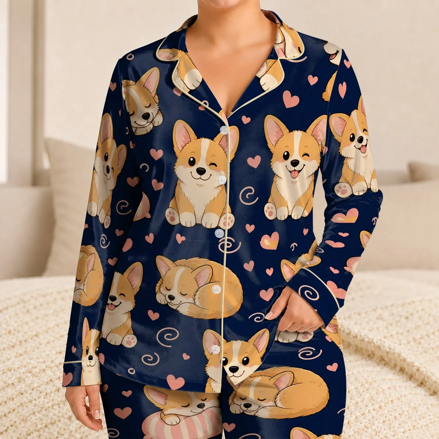Cute Corgi Sleepy Bedtime Style For Cozy Lounging For Dog Lovers And Women Alike Satin Pajamas Set - 1