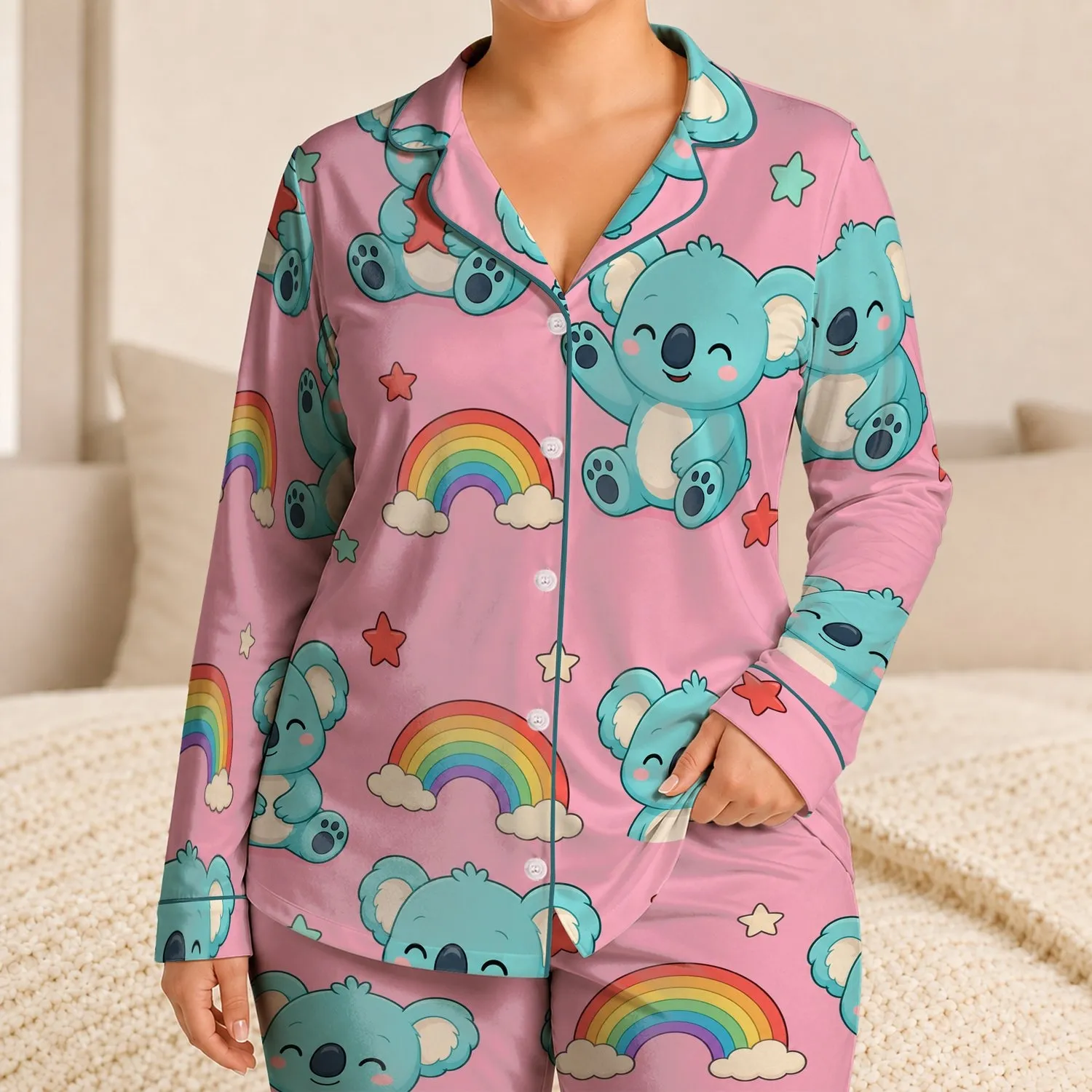 Cute Turquoise Koala For Cozy Bedtime And Gift Giving At Home For Girls And Teens Satin Pajamas Set - 1