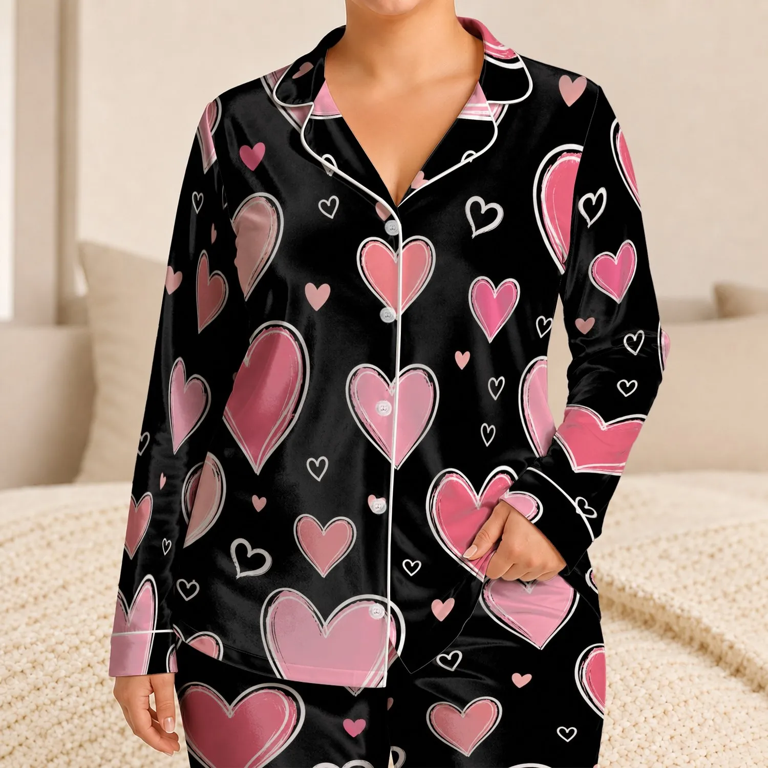 Blush Heart Repeat For Cozy Bedtime Gifts And Valentine Nights For Her At Home Year-Round Satin Pajamas Set - 1