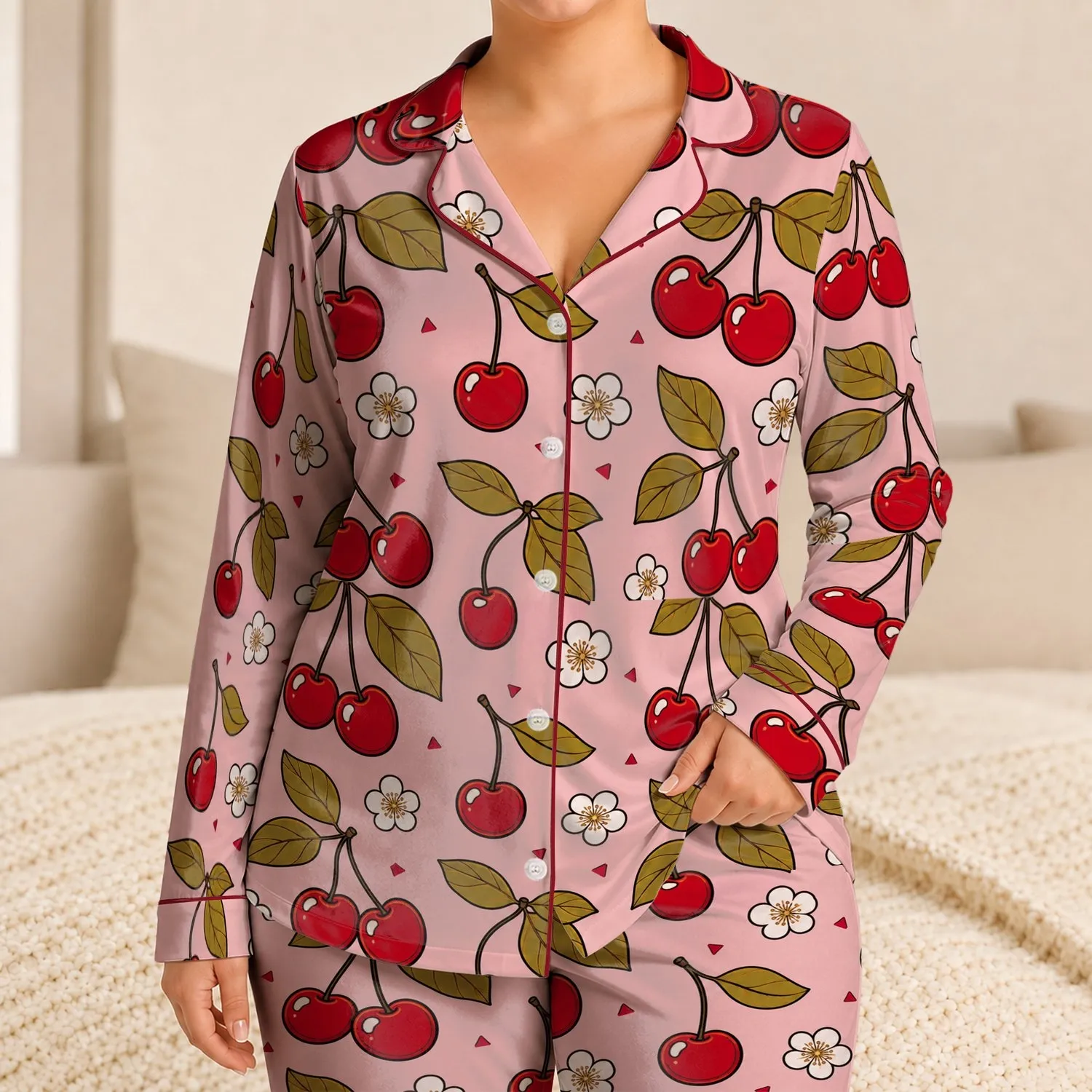 Cherry Blossoms And Ripe Cherries For Cozy Spring Evenings, Weekend Mornings For Her Satin Pajamas Set - 1