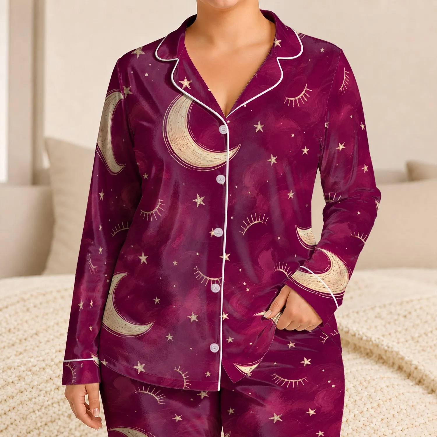 Plum Crescent Moon And Ivory Star Sleepover Style For Cozy Feminine Nights At Home Satin Pajamas Set - 1