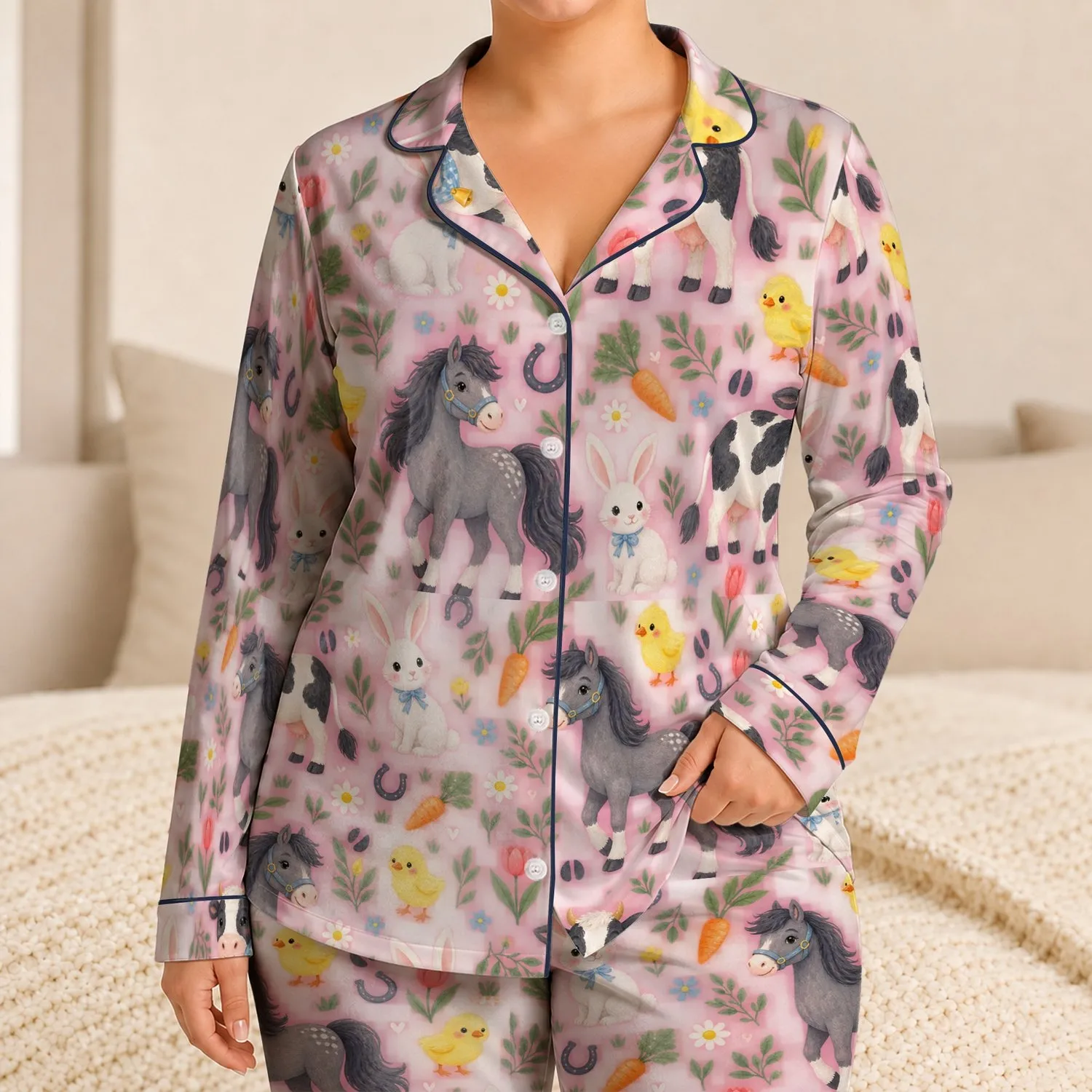 Storybook Barnyard Rabbit, Cow, Horse And Chick For Cozy Spring Gift Days For Girls Satin Pajamas Set - 1