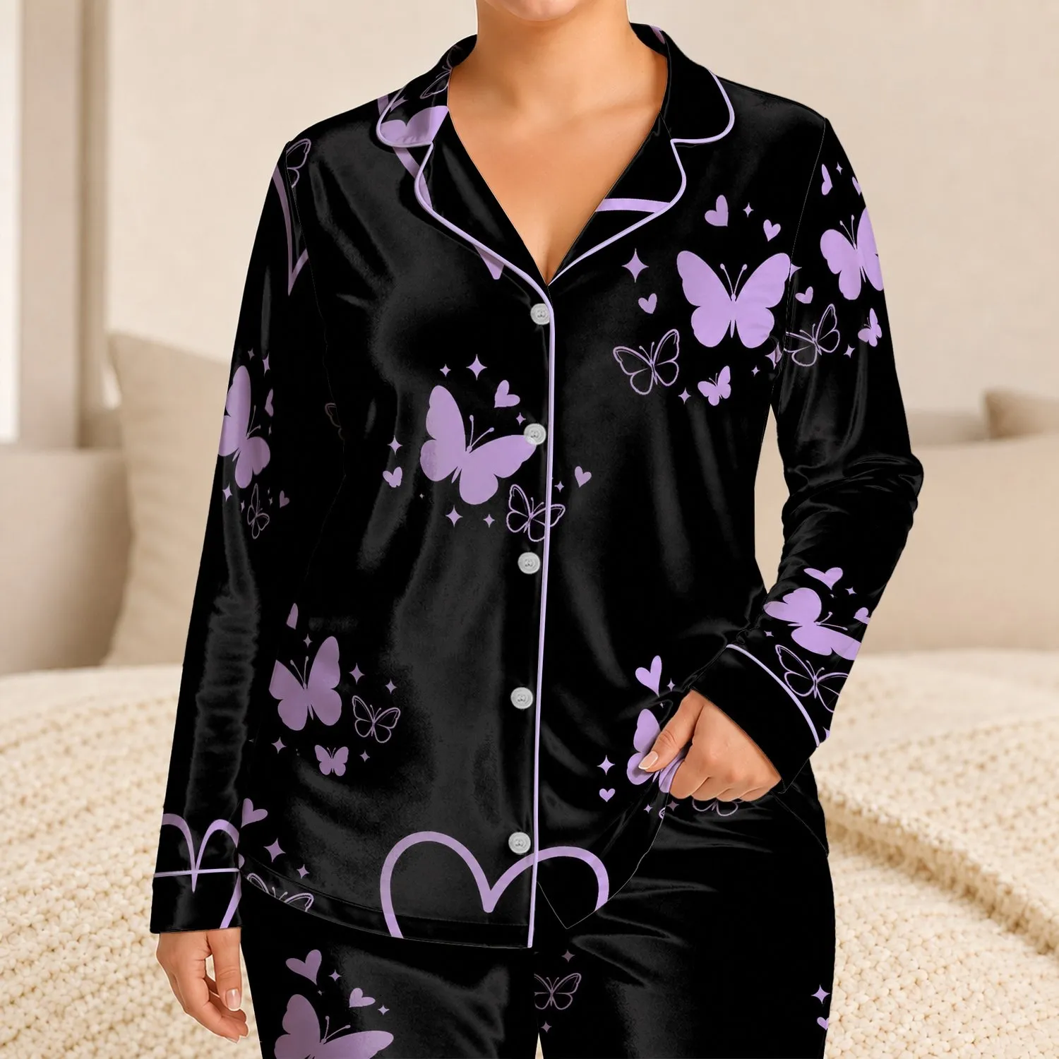 Black Butterfly Heart Lounge Outfit For Cozy Nights At Home For Women And Teens Daily Satin Pajamas Set - 1