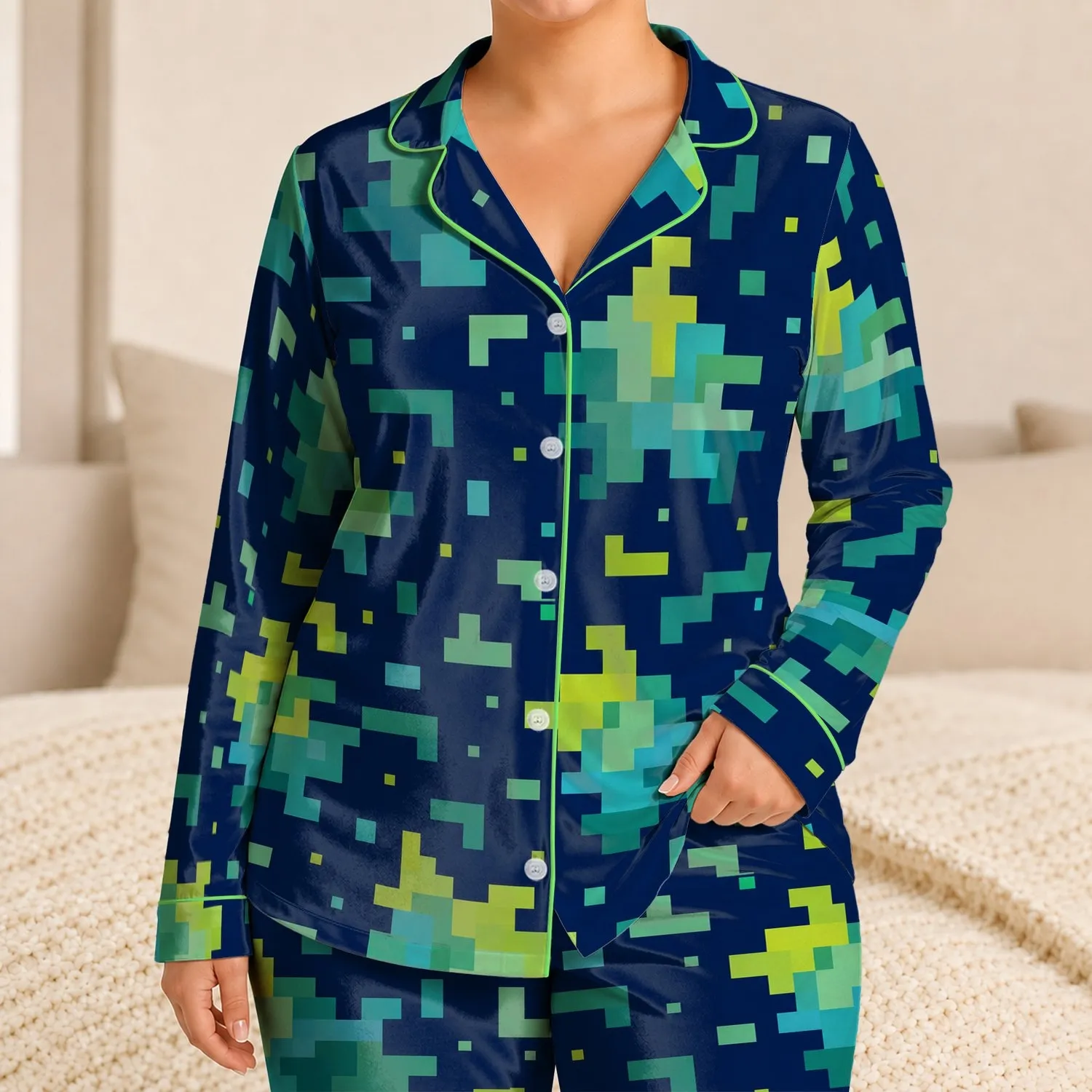 Retro Pixel Mosaic Bedtime Outfit For Cozy Lounging And Gifts For Boys At Home Satin Pajamas Set - 1