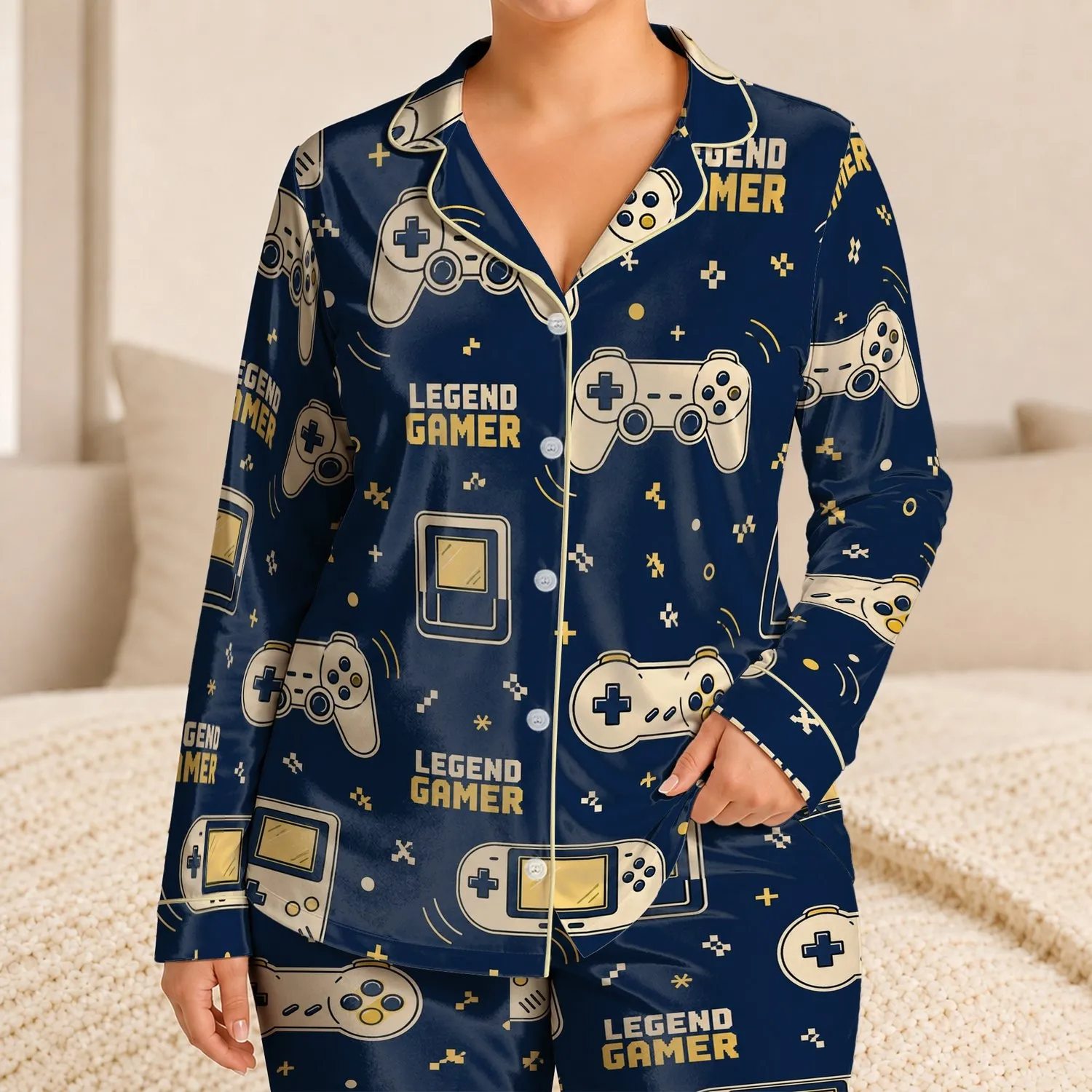 Retro Gamer Controller Navy Outfit for Teens, Legend Gamer Cozy Giftable Wear For Fans Satin Pajamas Set - 1