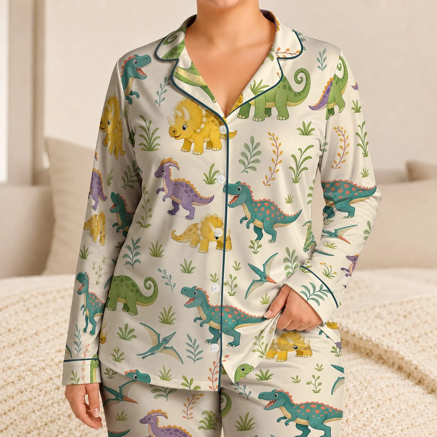 Scattered Dinosaur Safari for Cozy Spring Nights, Kids Nursery Gift for Little Ones Satin Pajamas Set - 1