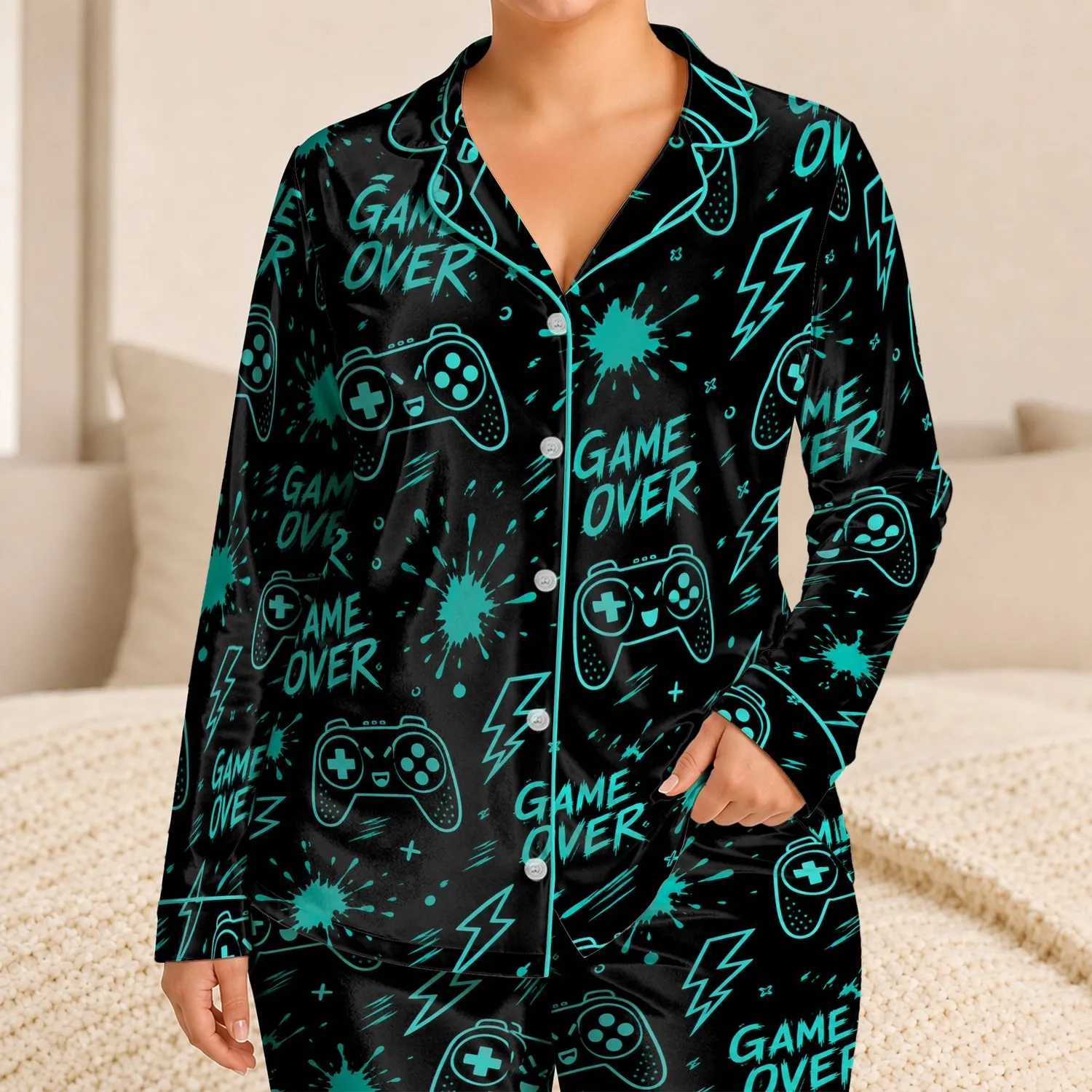 Retro Gaming Controllers With Neon Arcade Energy For Cozy Night Lounge For Teens Satin Pajamas Set - 1