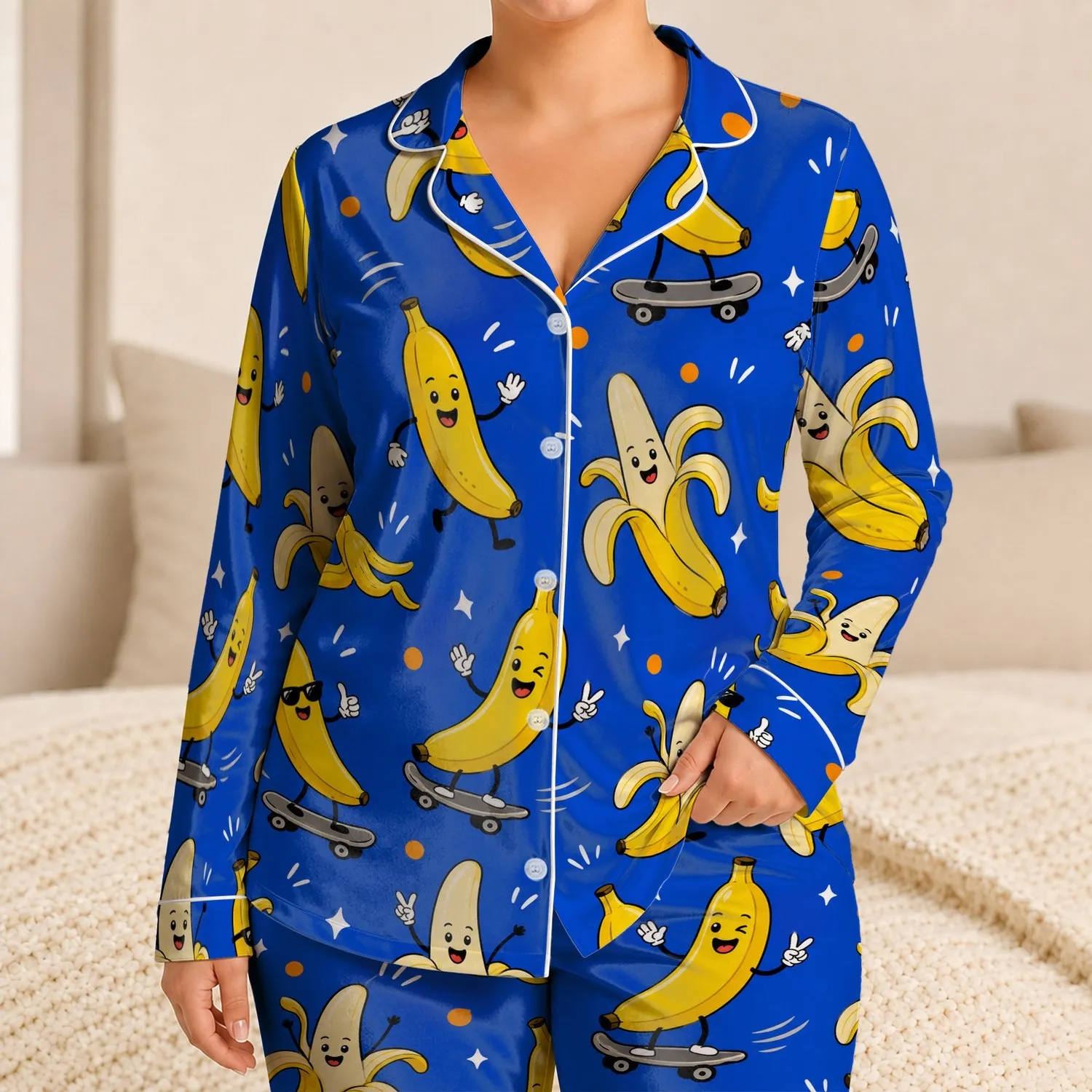 Cheeky Banana Characters on Cobalt Blue For Cozy Summer Bedtime For Kids Lounging Satin Pajamas Set - 1