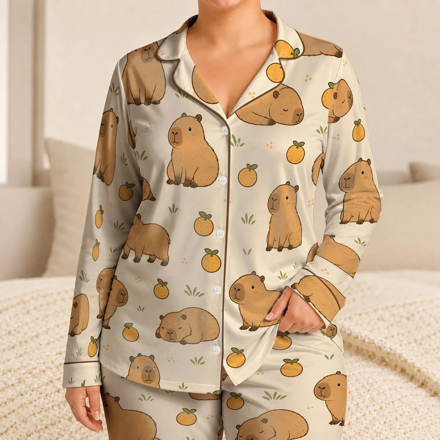 Cute Capybara And Citrus Kawaii Vintage Cartoon Loungewear For Cozy Teens At Home Satin Pajamas Set - 1