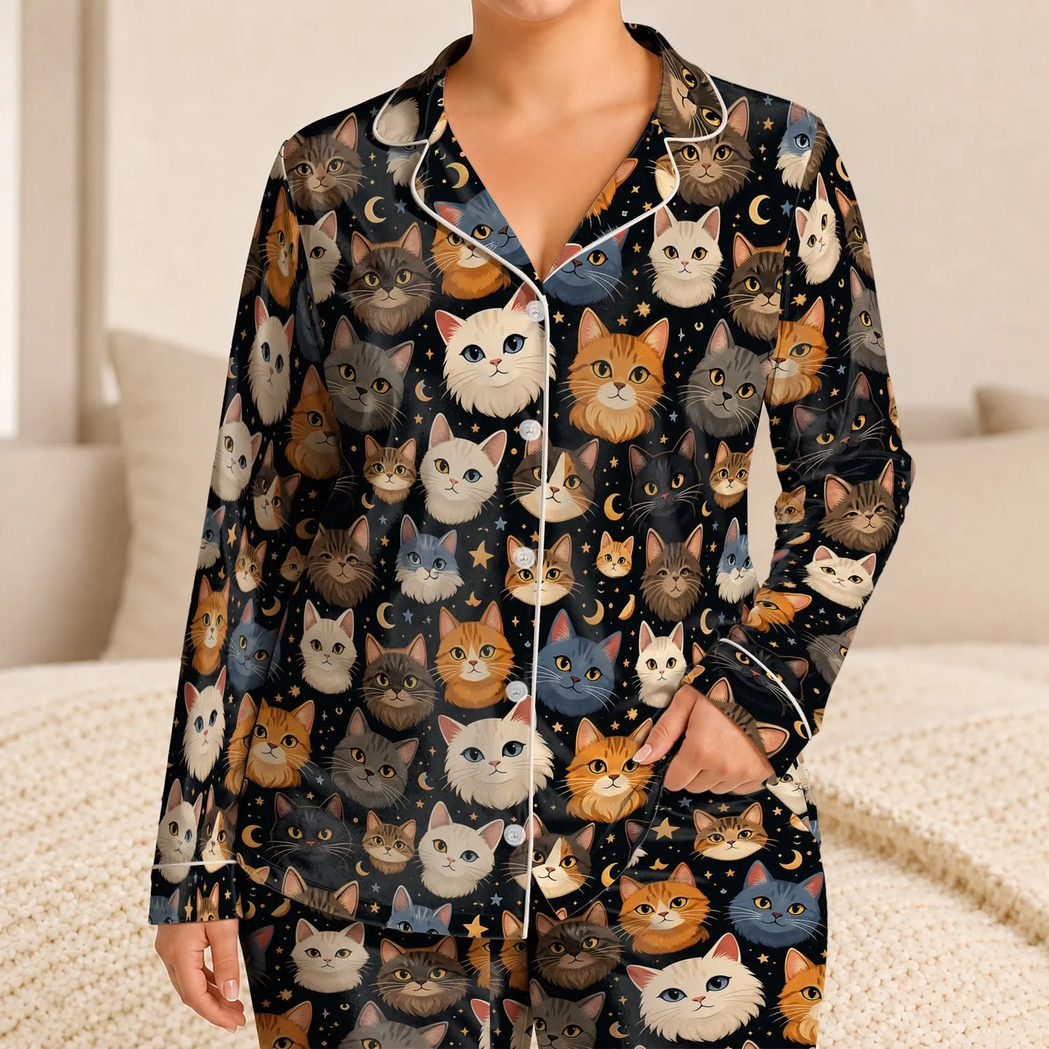Charcoal Cat Face Cozy Night Style for Cat Lovers, Lounging, and Gift Giving at Home Satin Pajamas Set - 1