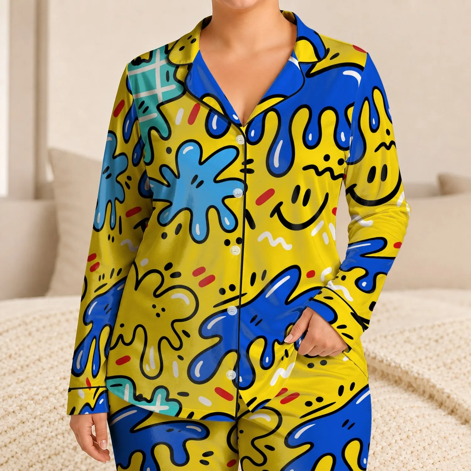 Lemon Yellow Graffiti Splash Lounge Wear For Teens And Tweens For Cozy Nights At Home Satin Pajamas Set - 1