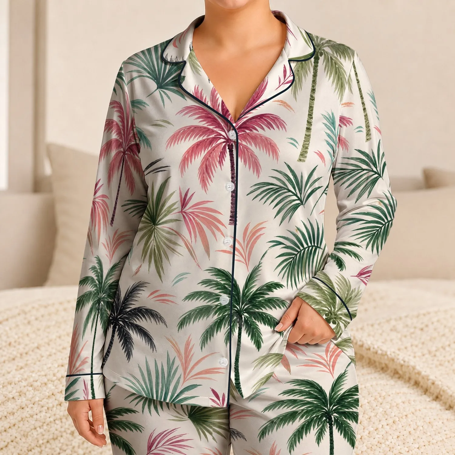 Tropical Palm Resort Lounging for Summer Nights, Men's Teen Fit, Soft Ivory Field Satin Pajamas Set - 1