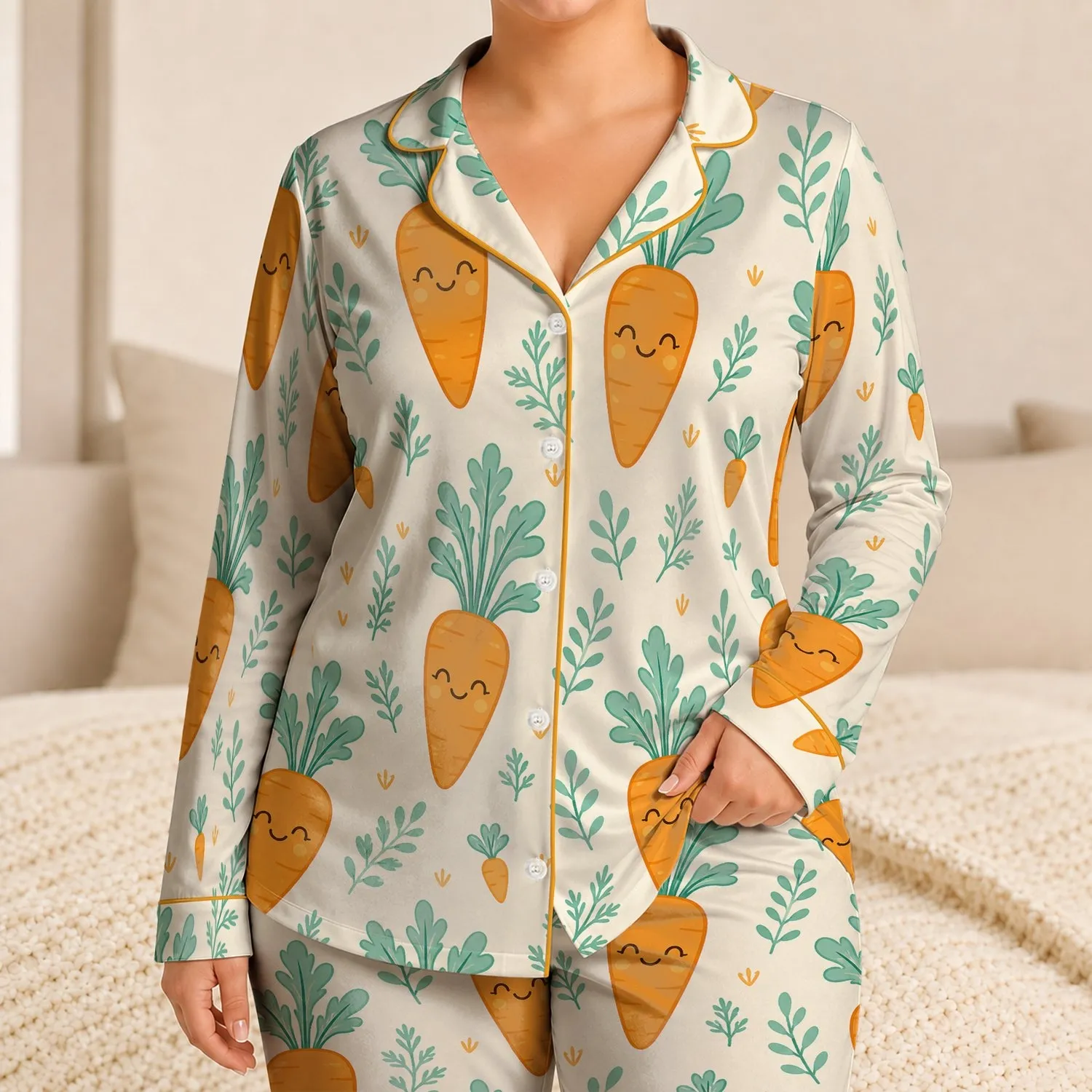 Whimsical Carrot Character Bedtime Gift for Teens and Kids, Cozy Everyday Home Wear Satin Pajamas Set - 1