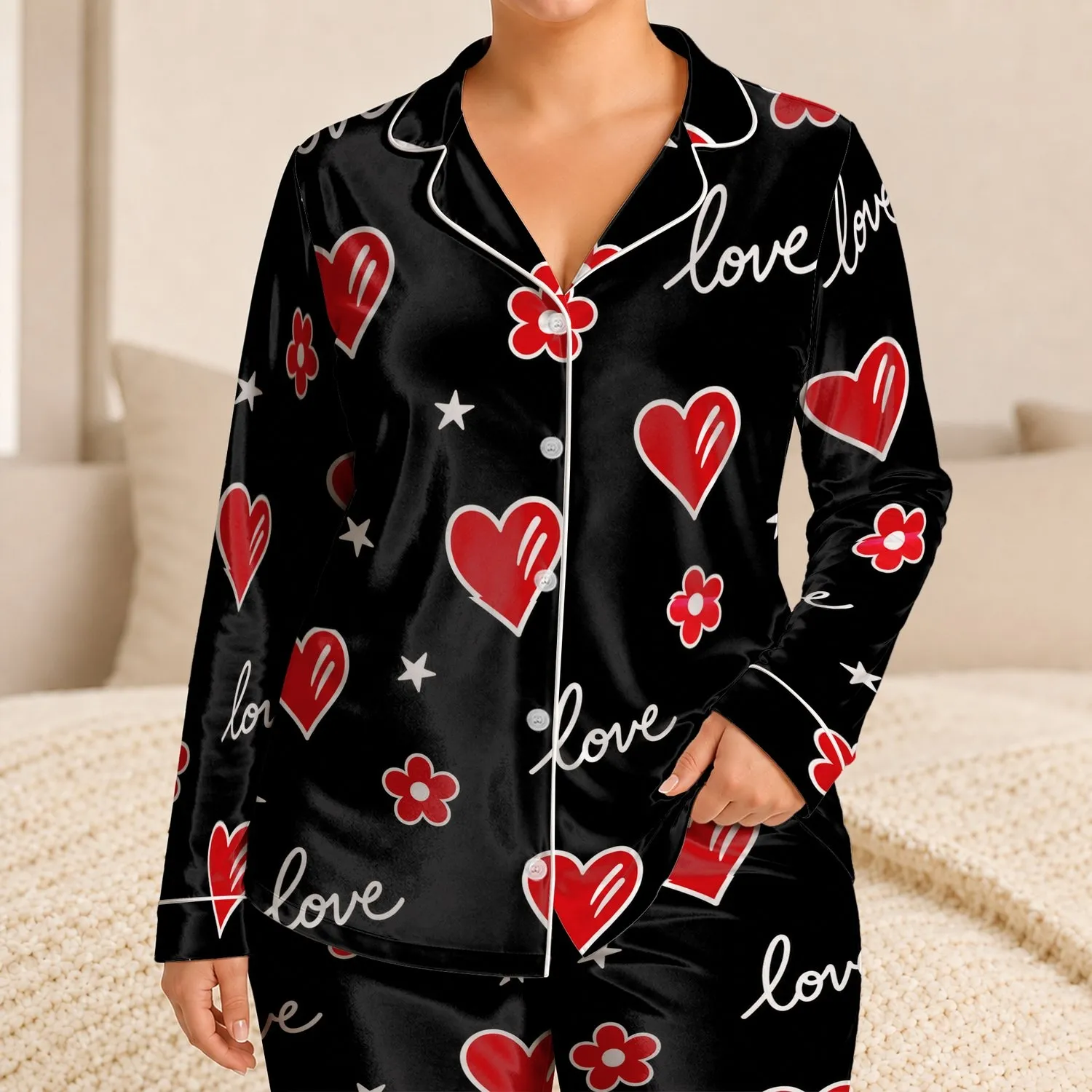 Black Heart And Love Motif Lounge Set For Cozy Nights In At Home For Teen Girls Daily Satin Pajamas Set - 1