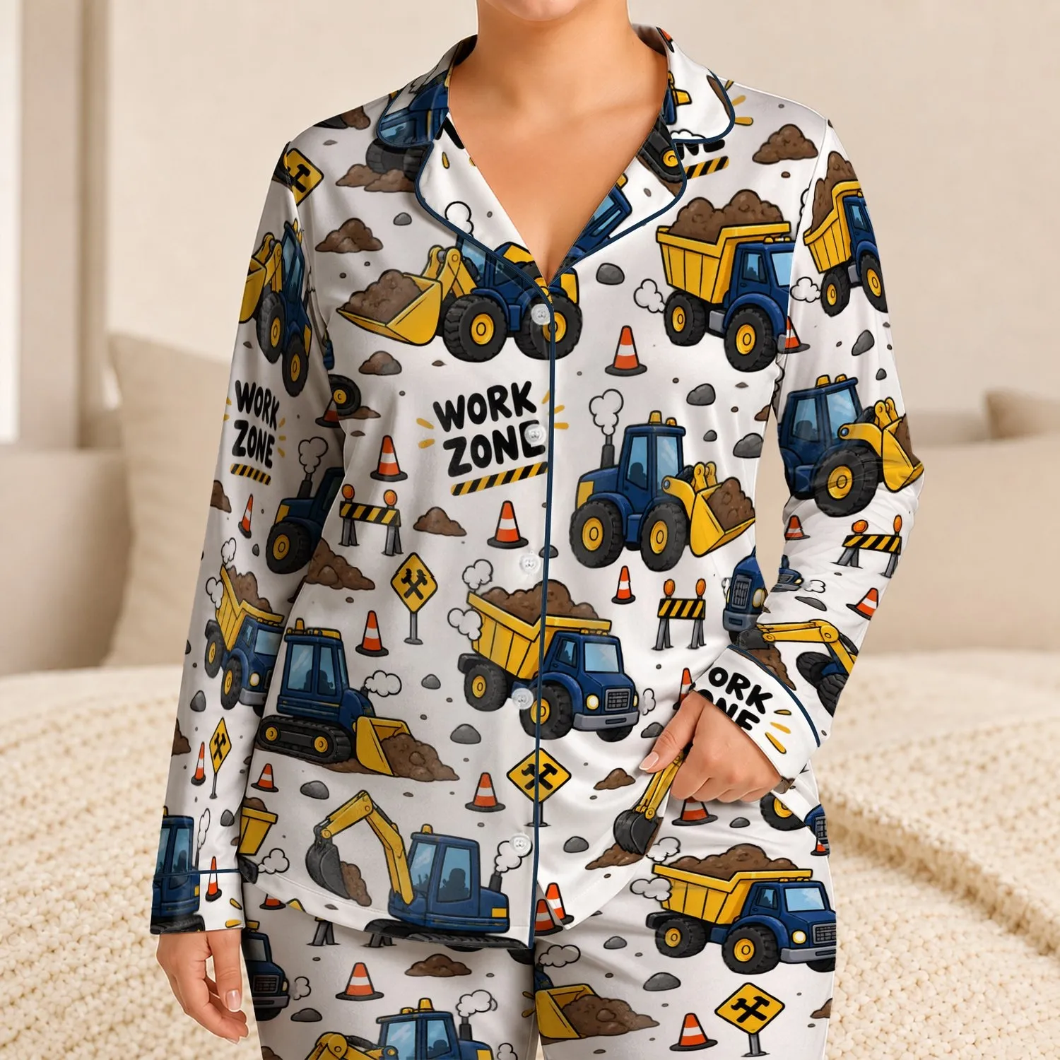 Work Zone Trucks For Cozy Bedtime Adventures, Gift For Little Builders And Toddlers Satin Pajamas Set - 1