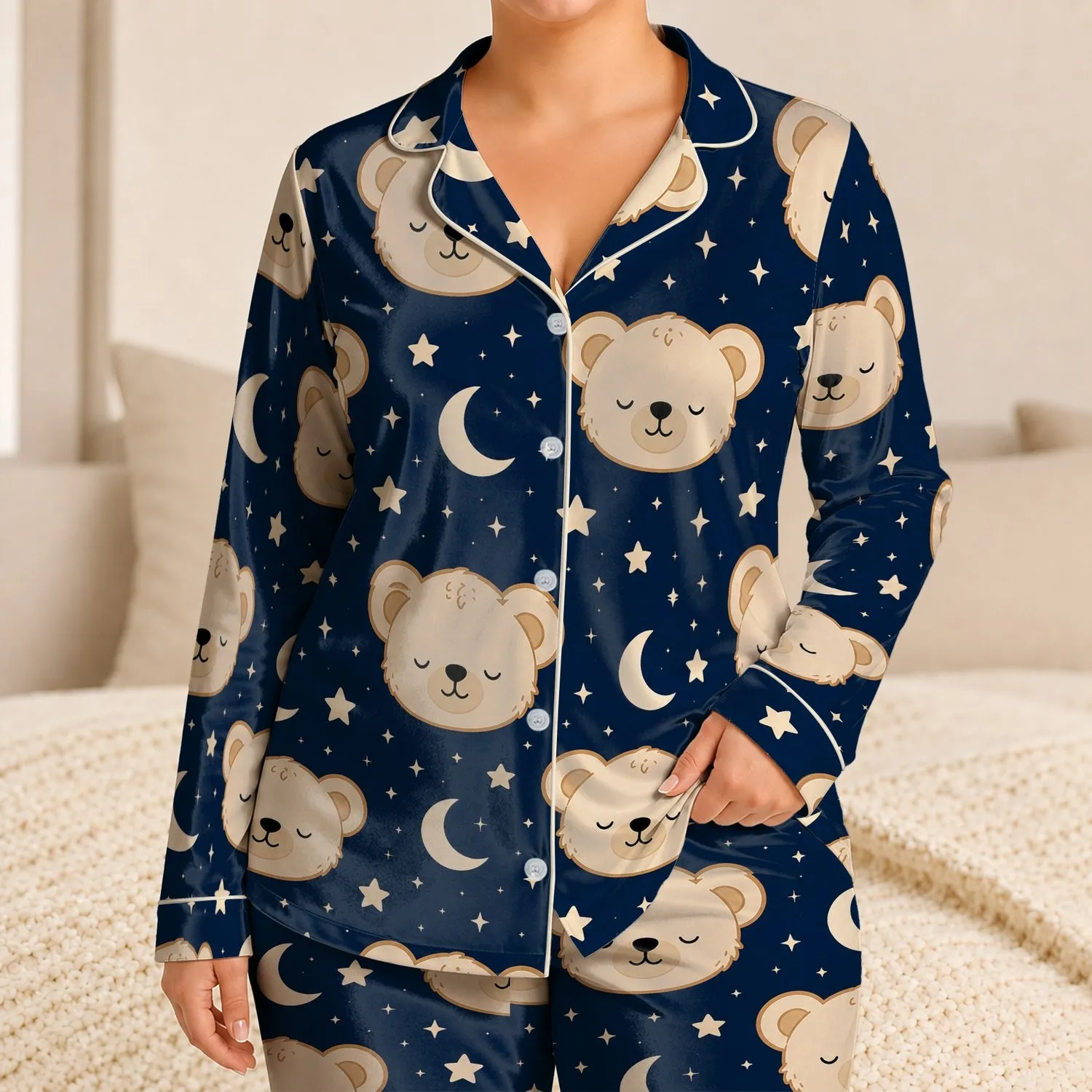 Cream Teddy Bear Moon And Star Bedtime Loungewear Gift For Teen Girls And Tweens Night Satin Pajamas Set - 1