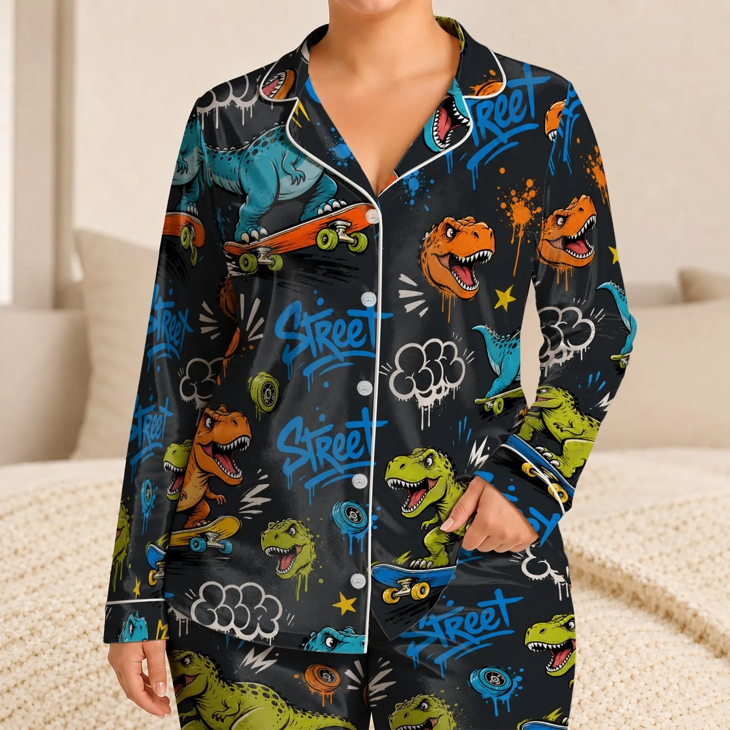 Graffiti Dinosaur Skateboard Lounge Outfit for Teen Boys Summer Chill Sleep Style Satin Pajamas Set - 1