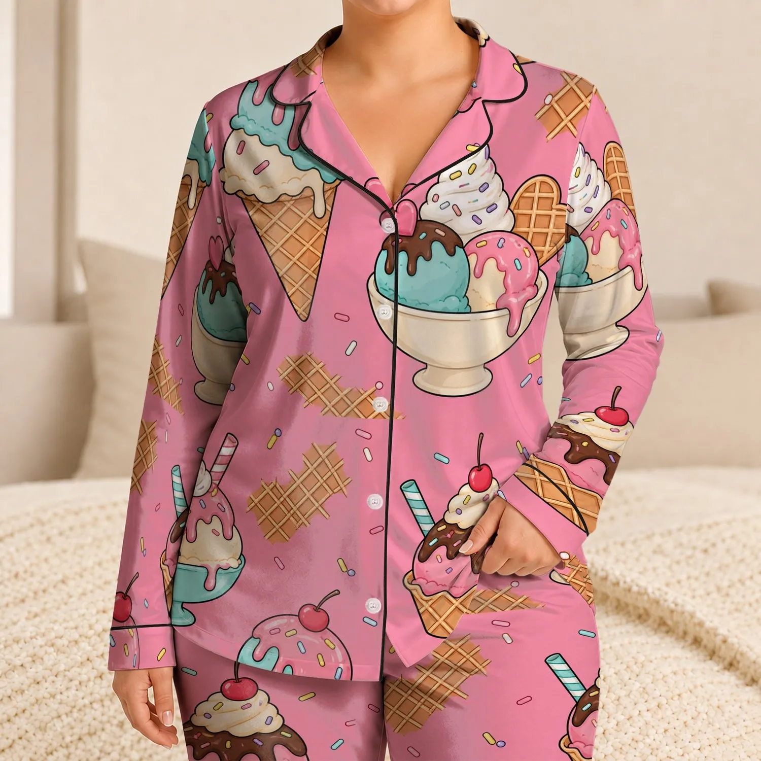 Bubblegum Pink Candy Dessert Bedtime Set With Sweet Treat Motifs For Teens And Women Satin Pajamas Set - 1
