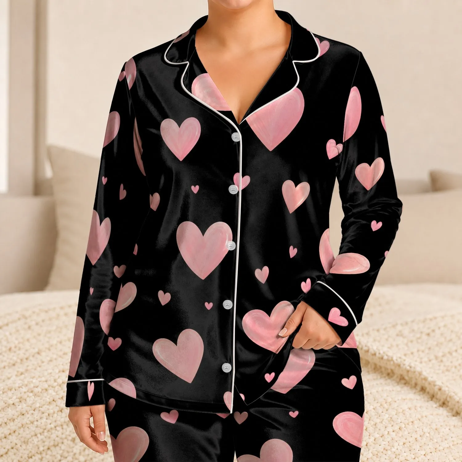 Blush Heart Motif for Cozy Nights, Valentine Gifts, Women Satin Pajamas Set - 1