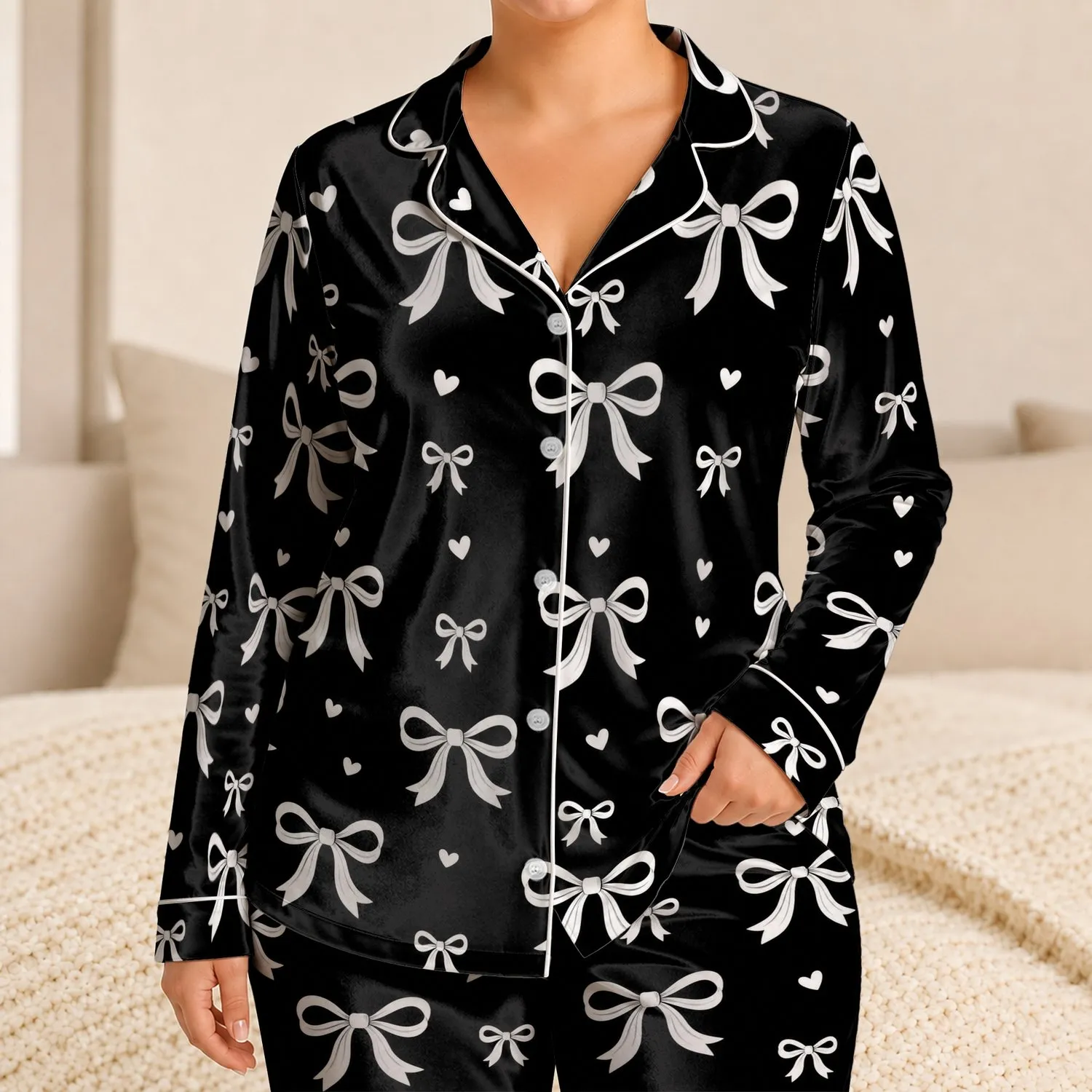 Black Bow And Heart Motif For Cozy Nights, French Retro Home Style, Gift Giving Satin Pajamas Set - 1