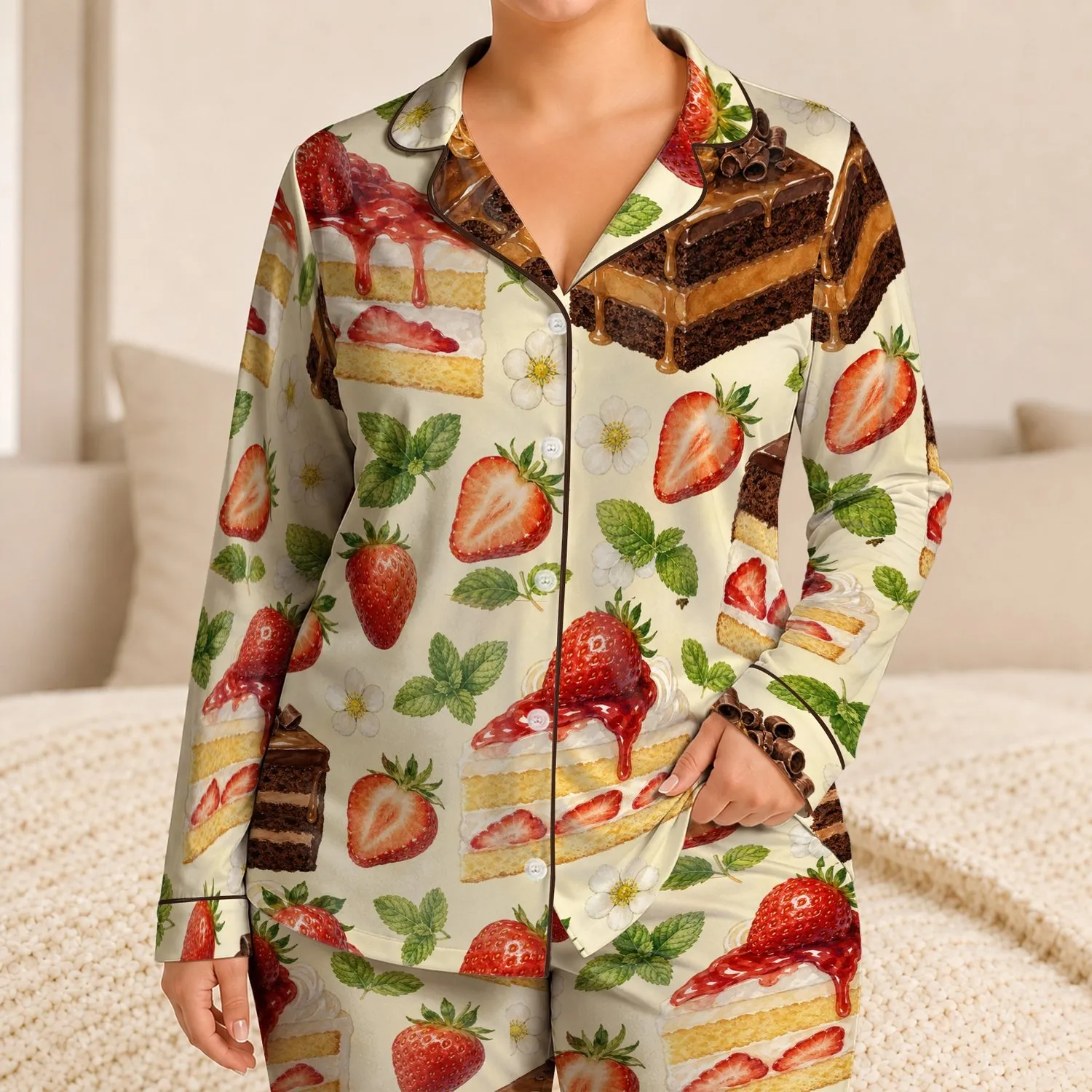 Strawberry Cake And Chocolate Dessert Motifs For Cozy Nights And Sweet Gifting Women Satin Pajamas Set - 1