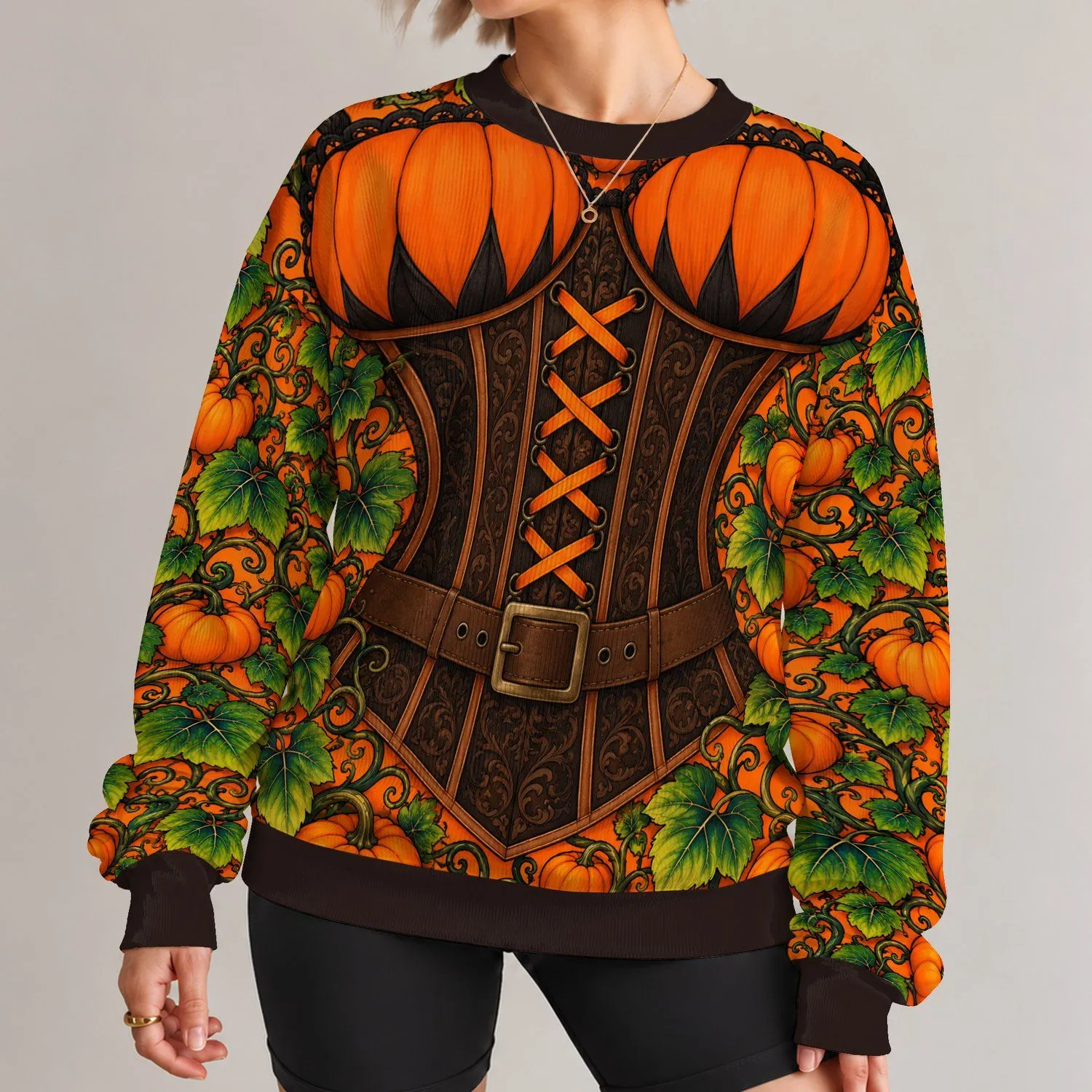 Orange Pumpkin Corset Halloween Party Look for Spooky Seasonal Costume Celebrations All-over Print Knitted Sweater - 1