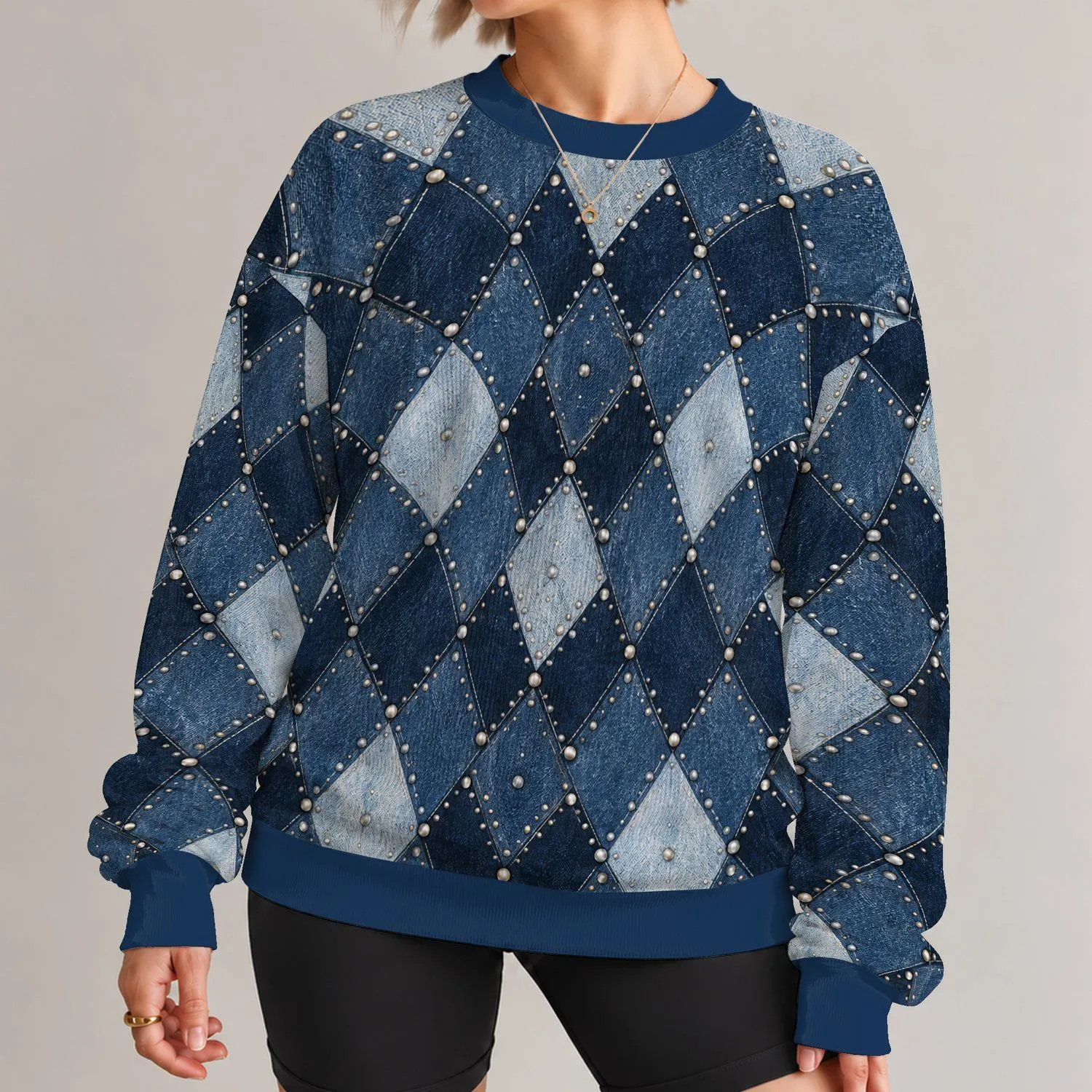 Indigo Denim Argyle with Silver Studs for Autumn Weekend Casual Style All-over Print Knitted Sweater - 1