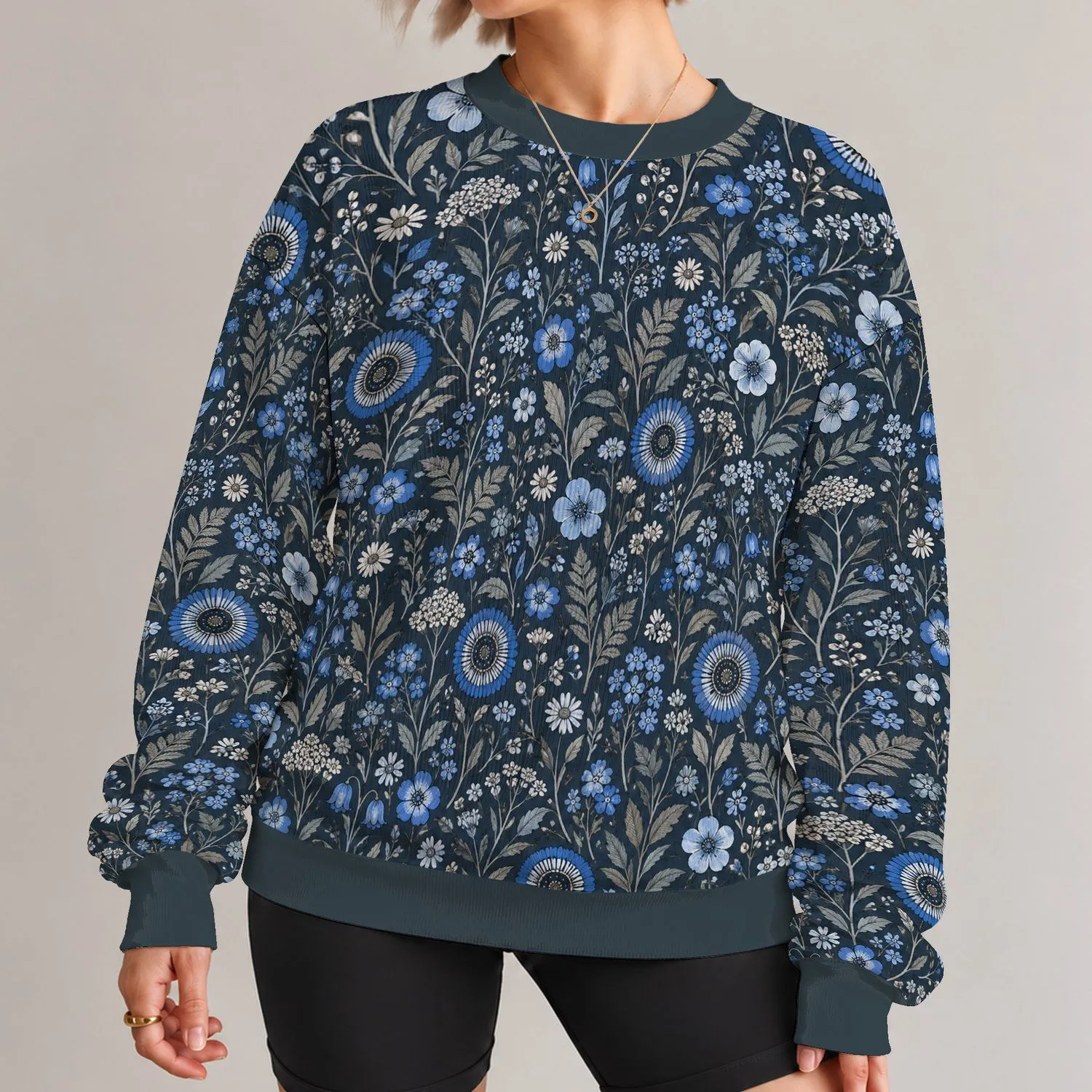 Blue Botanical Florals for Everyday Autumn Outfits and Relaxed Weekend Wardrobe Styling All-over Print Knitted Sweater - 1
