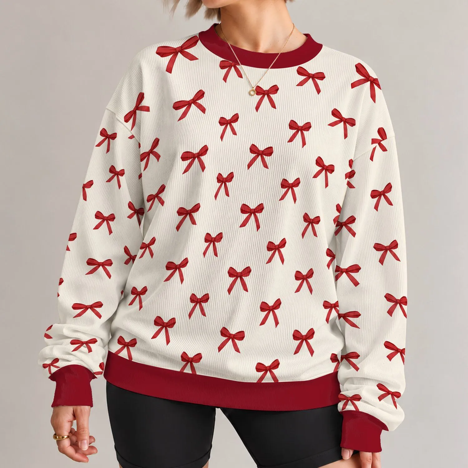 Crimson Ribbon Bows on Ivory for Cozy Autumn Outfits and Gift Giving All-over Print Knitted Sweater - 1