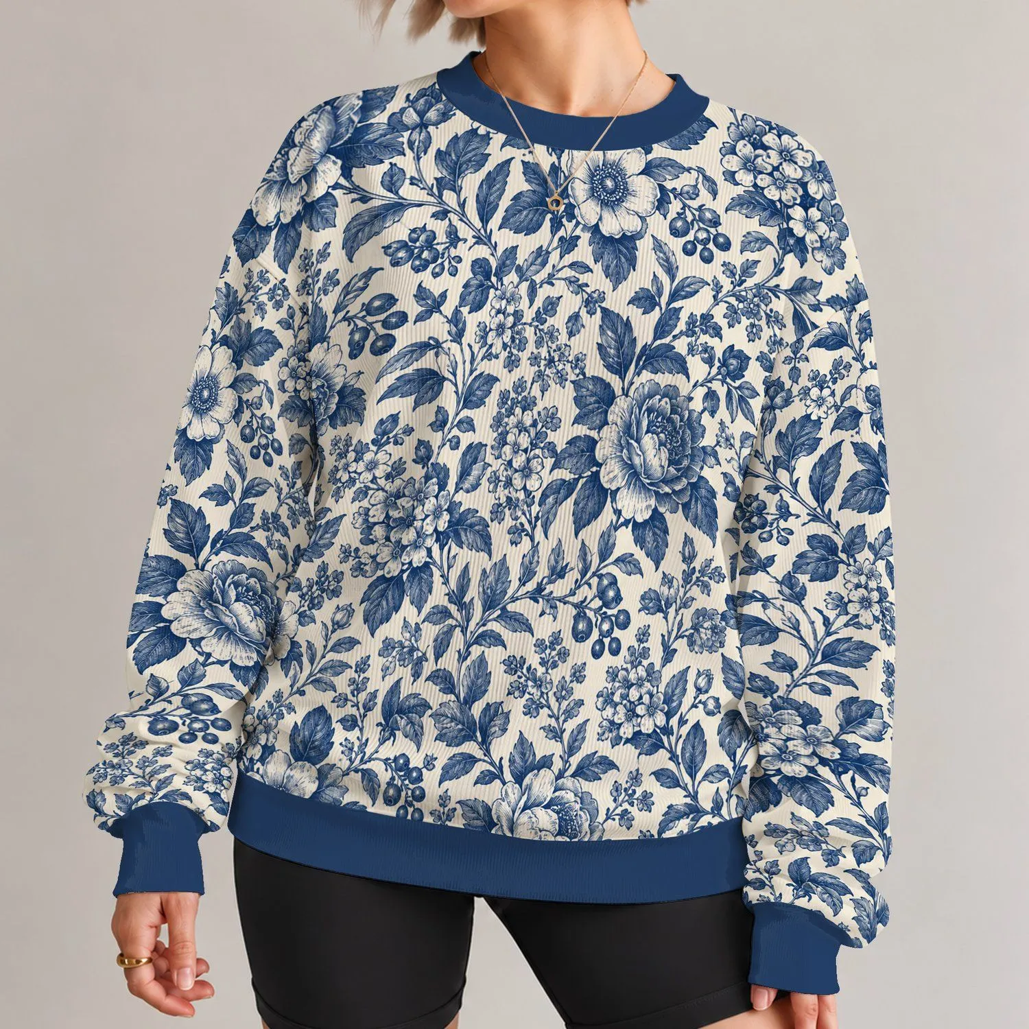 Indigo Blue Botanical Florals for Cozy Autumn Outings and Everyday Cottage Style All-over Print Knitted Sweater - 1