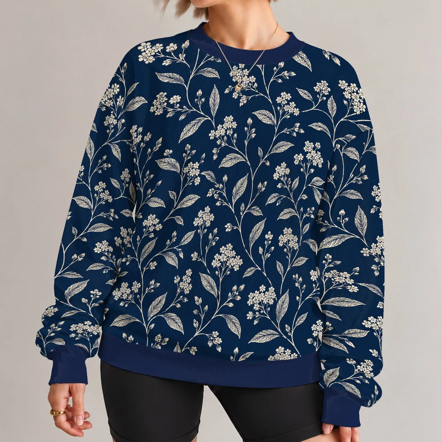 Ivory Wildflower Vines on Navy for Elegant Autumn Outfits and Everyday Botanical Style All-over Print Knitted Sweater - 1