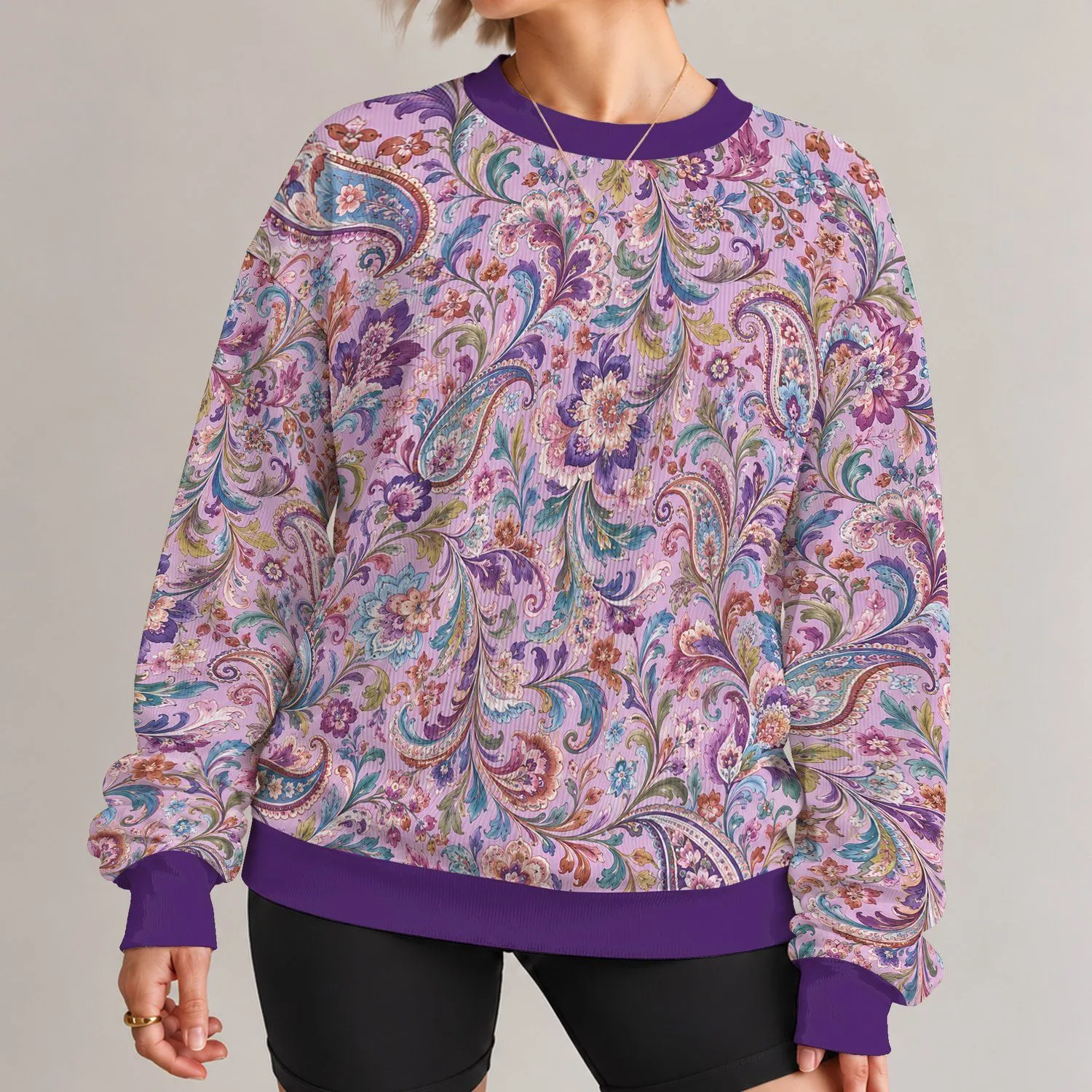 Lavender Floral Paisley Motifs for Cozy Autumn Outings and Colorful Everyday Style All-over Print Knitted Sweater - 1