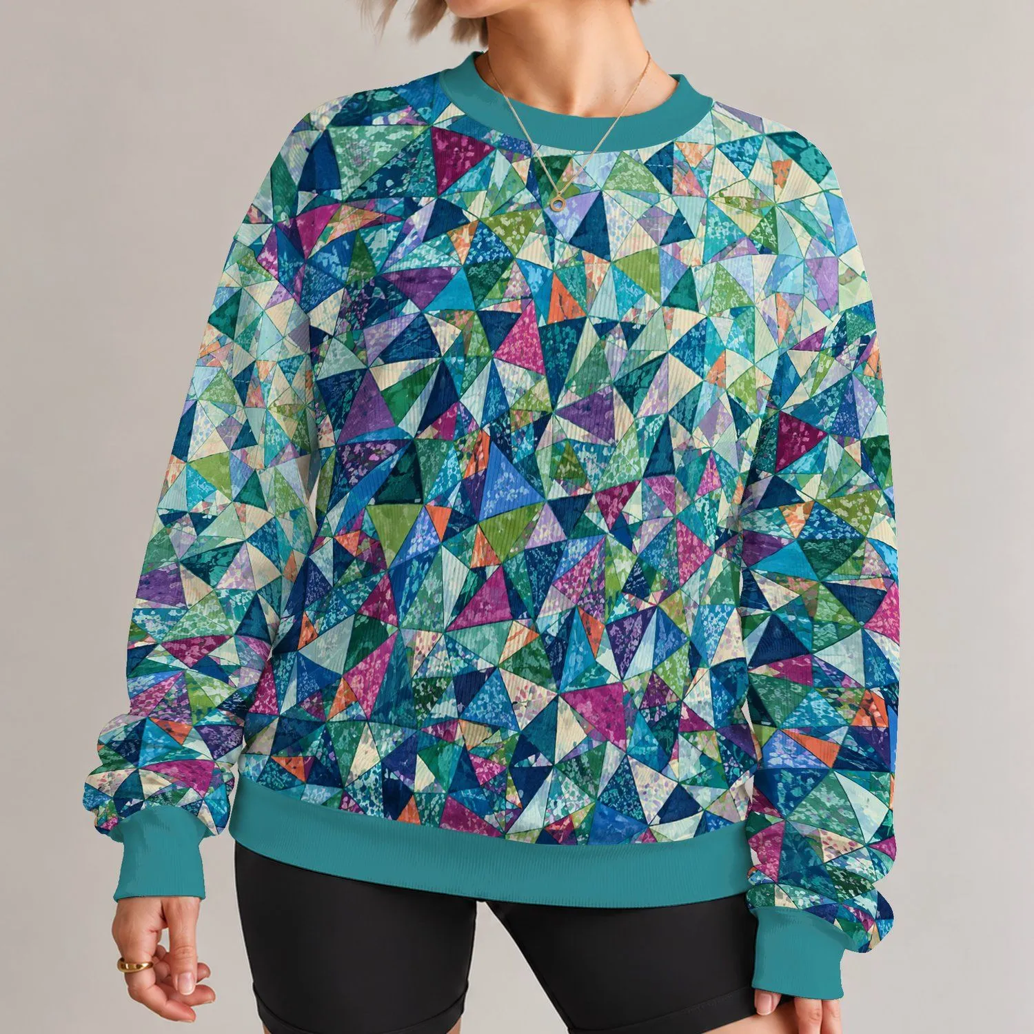 Teal Triangle Mosaic for Creative Autumn Outfits and Colorful Everyday Style All-over Print Knitted Sweater - 1