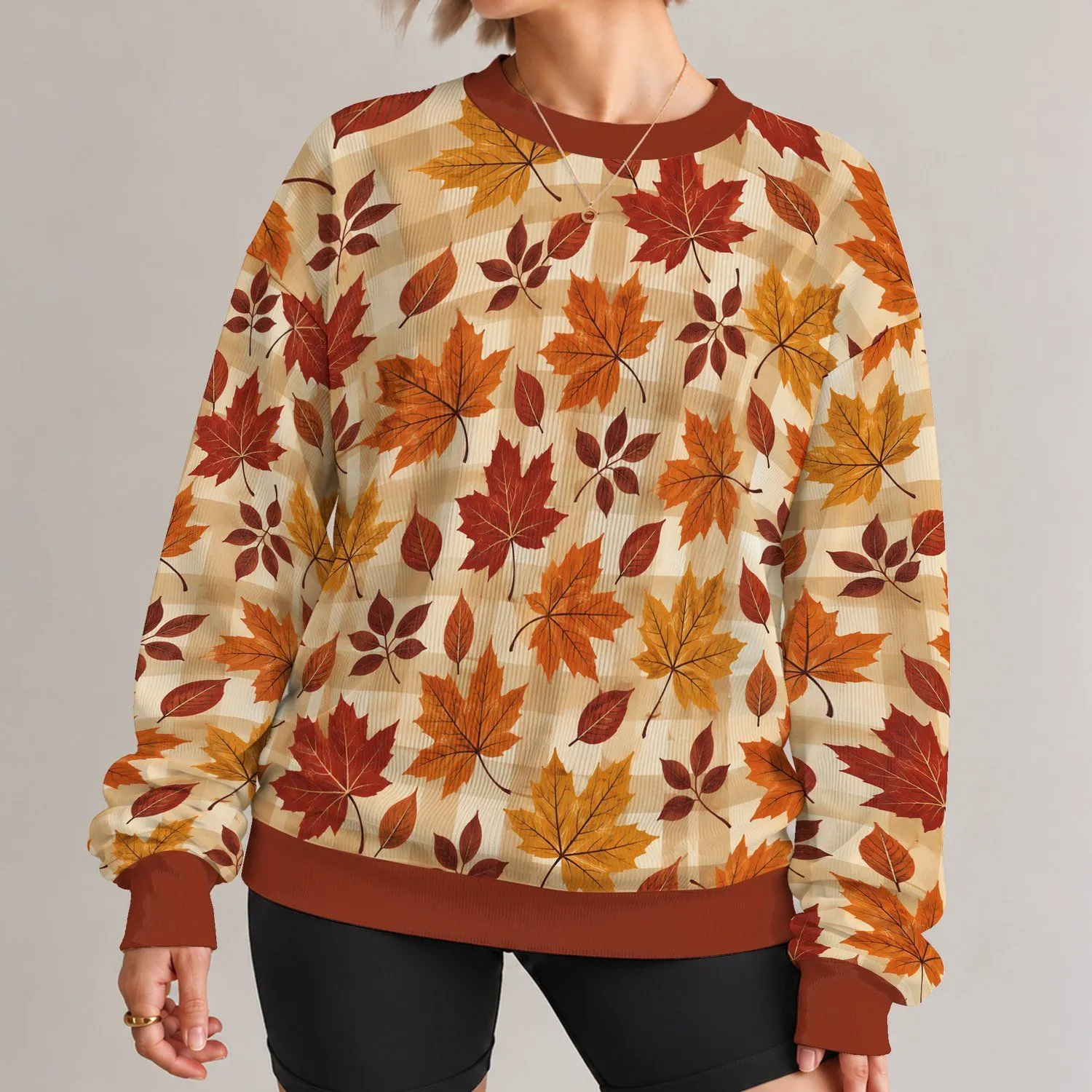 Autumn Maple Leaves and Warm Plaid for Cozy Fall Outings and Seasonal Style All-over Print Knitted Sweater - 1