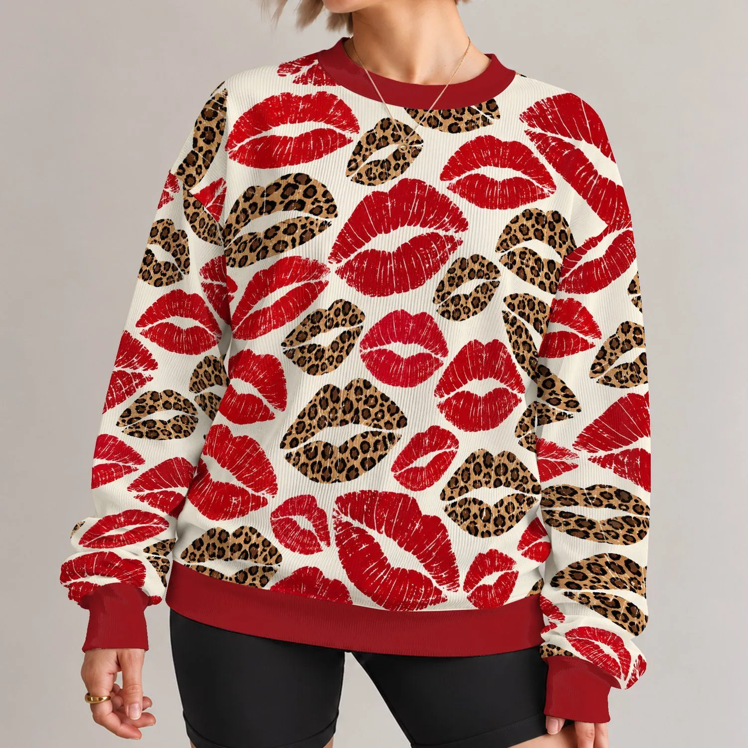 Red Lip Kisses And Leopard Spots For Bold Autumn Outfits And Confident Everyday Style All-over Print Knitted Sweater - 1