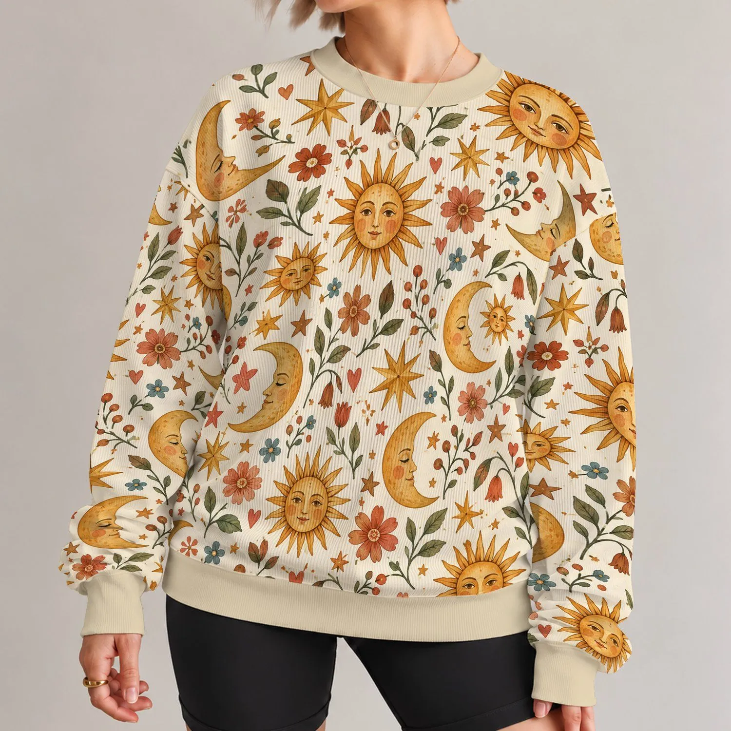 Sun Moon Celestial Wildflower Motifs for Cozy Autumn Stargazing and Everyday Style All-over Print Knitted Sweater - 1