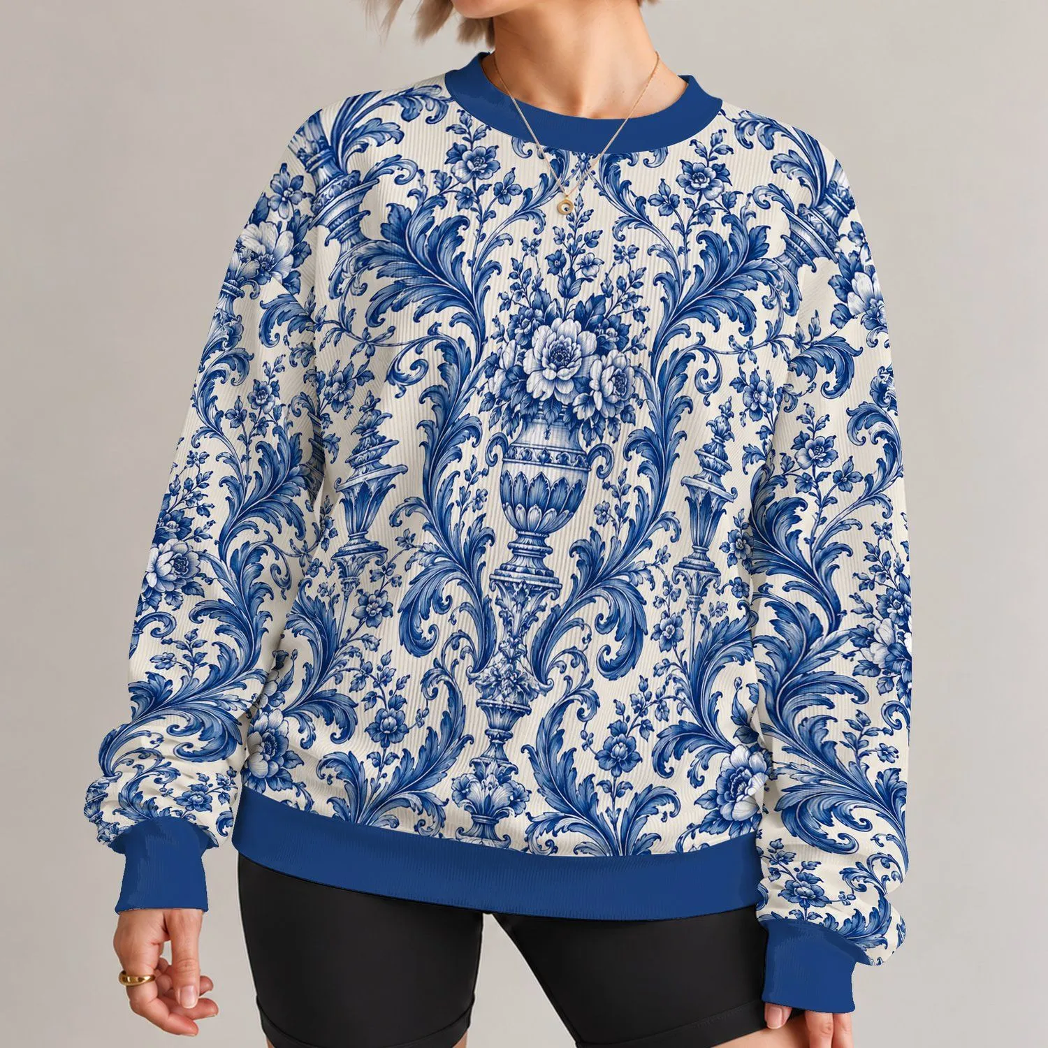 Blue And White Porcelain Scrollwork For Elegant Autumn Winter Outings All-over Print Knitted Sweater - 1