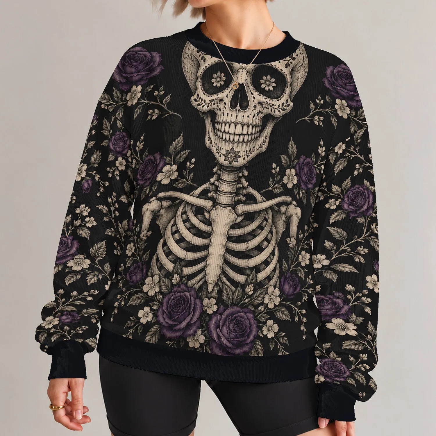 Ivory Floral Sugar Skull With Purple Roses for Halloween Parties and Autumn Celebrations All-over Print Knitted Sweater - 1