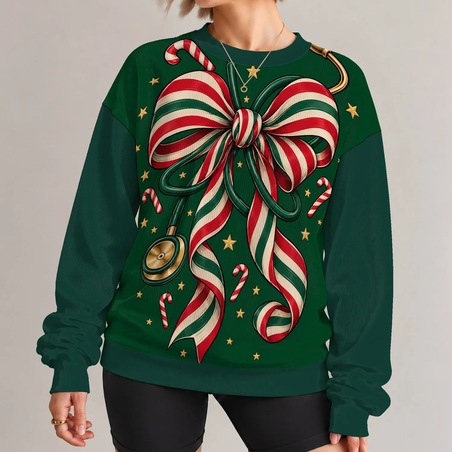 Candy Cane Stethoscope Bow for Christmas Holiday Cheer for Nurses and Healthcare Teams All-over Print Knitted Sweater - 1